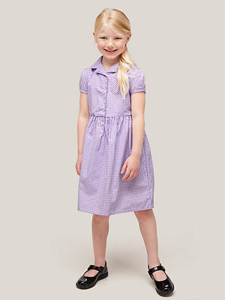 John Lewis School Belted Gingham Checked Summer Dress, Lilac