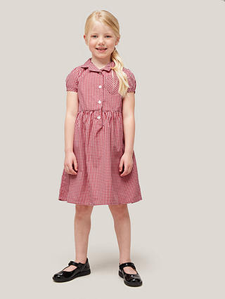 John Lewis School Belted Gingham Checked Summer Dress, Red