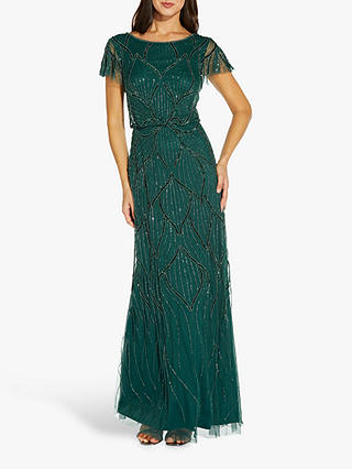 Adrianna Papell Blouson Floral Embellished Maxi Gown, Dusty Emerald