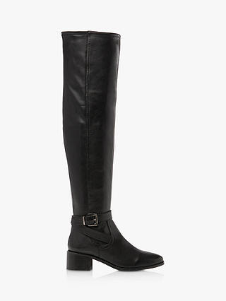 Dune Tesley Leather Buckle Detail Over Knee Stretch Boots, Black