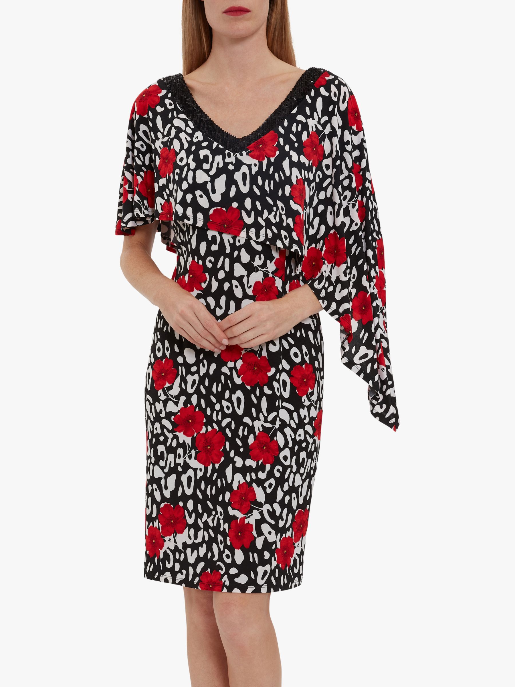 Gina Bacconi Johana Floral Jersey Midi Dress, Black/Red