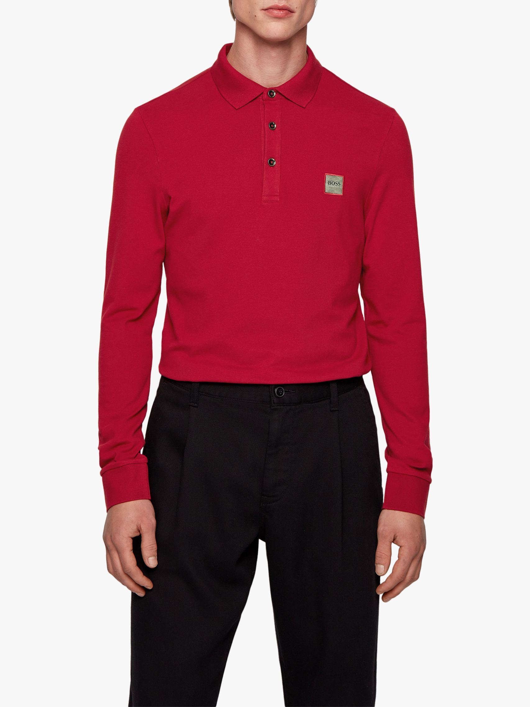 BOSS Passerby Long Sleeve Polo Shirt, Dark Red at John Lewis & Partners