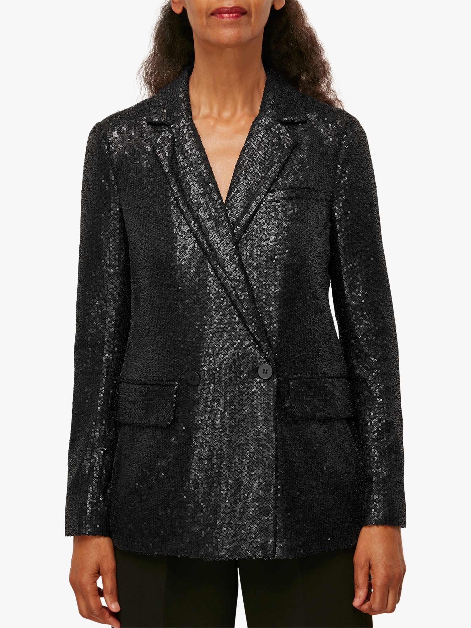 Whistles Double Breasted Sequin Blazer, Black