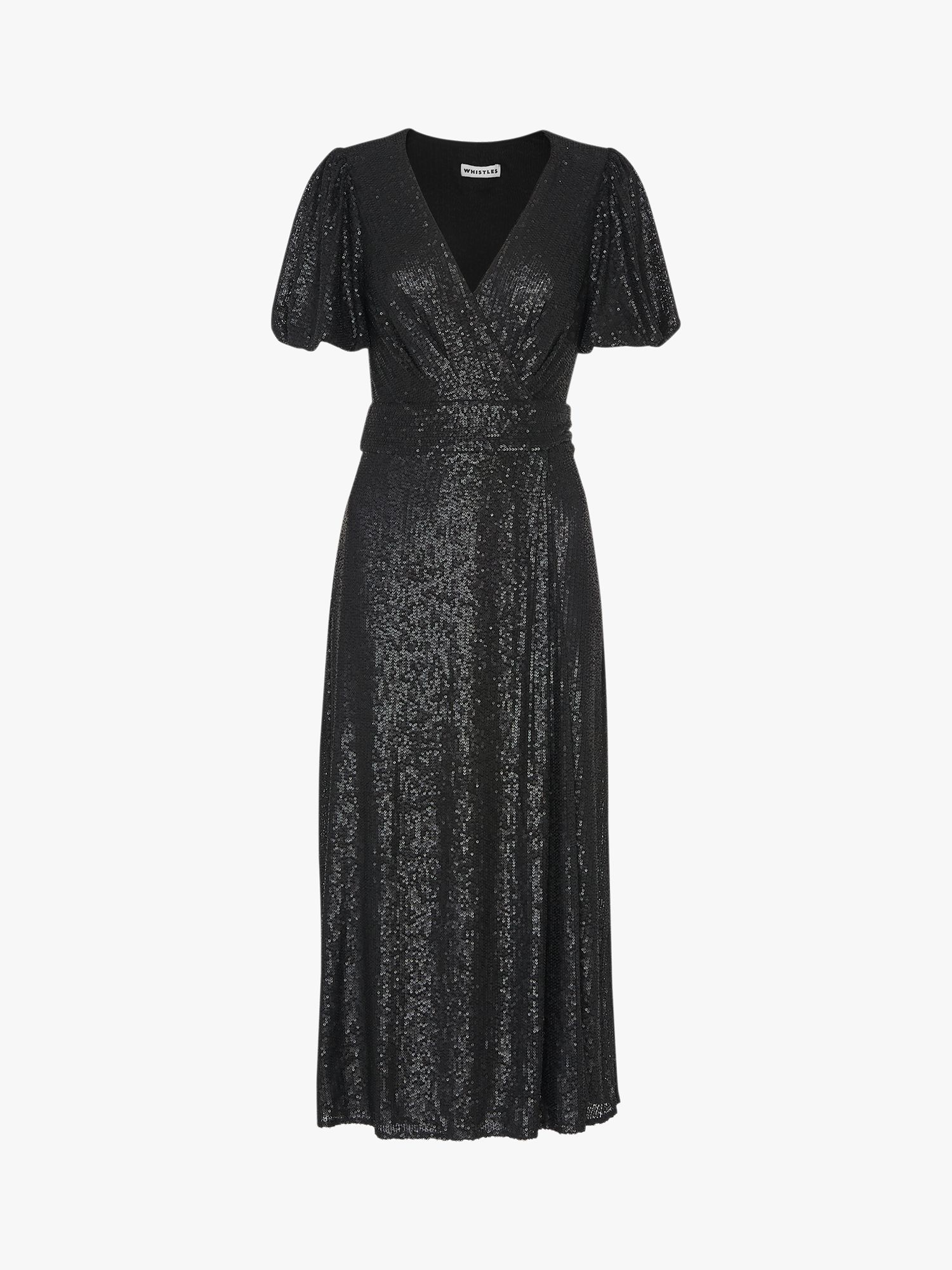 Whistles Sequin Wrap Midi Dress, Black