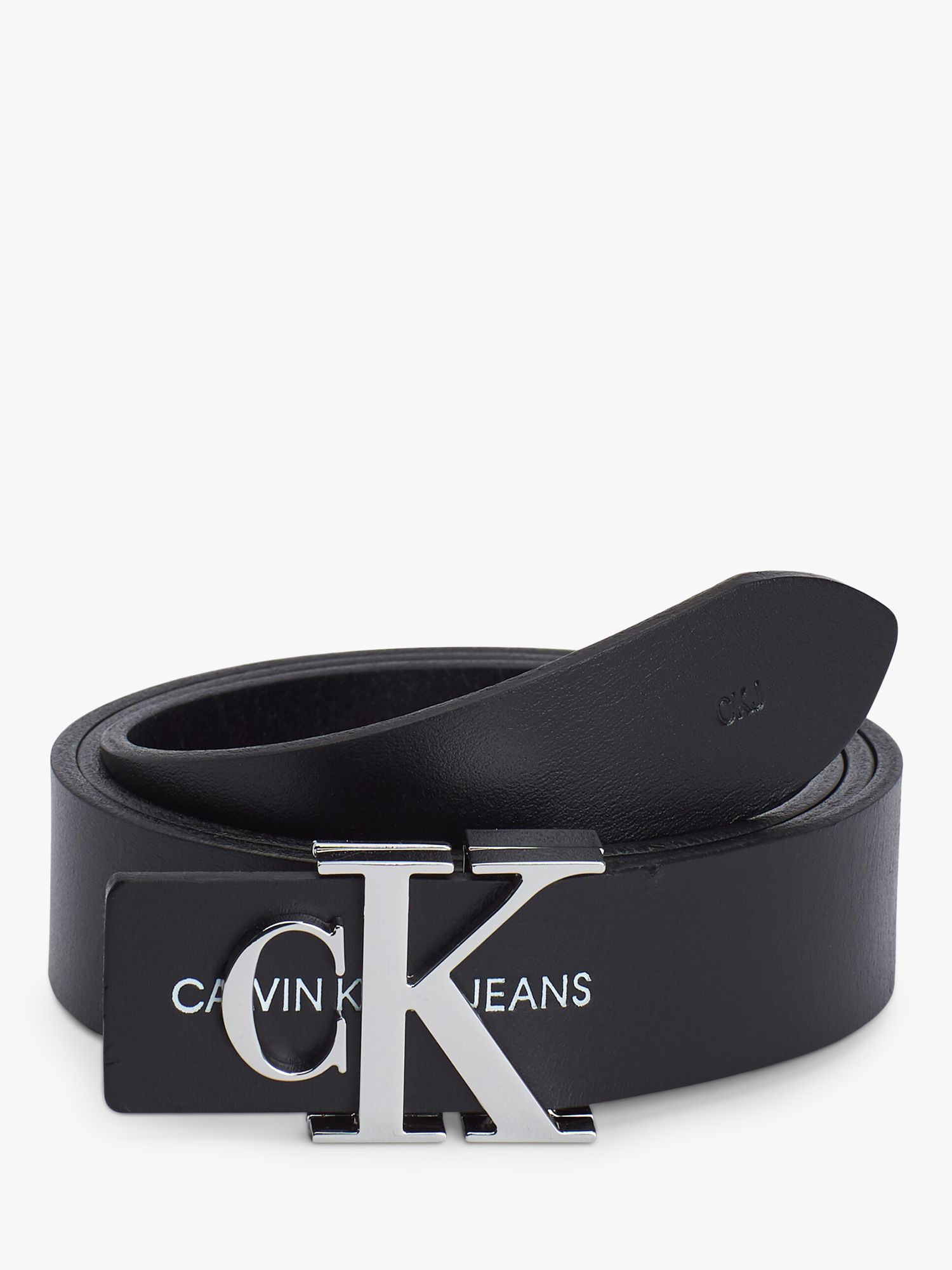 Calvin Klein Leather Monogram Belt, Black at John Lewis & Partners