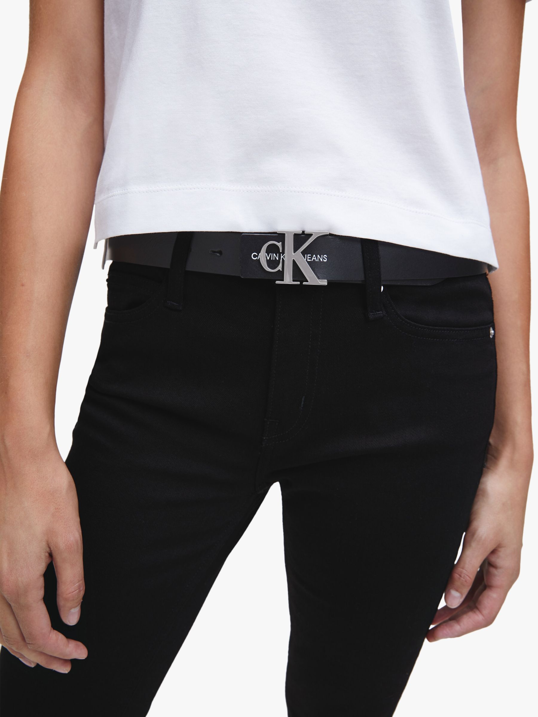 Calvin Klein Leather Monogram Belt, Black at John Lewis & Partners