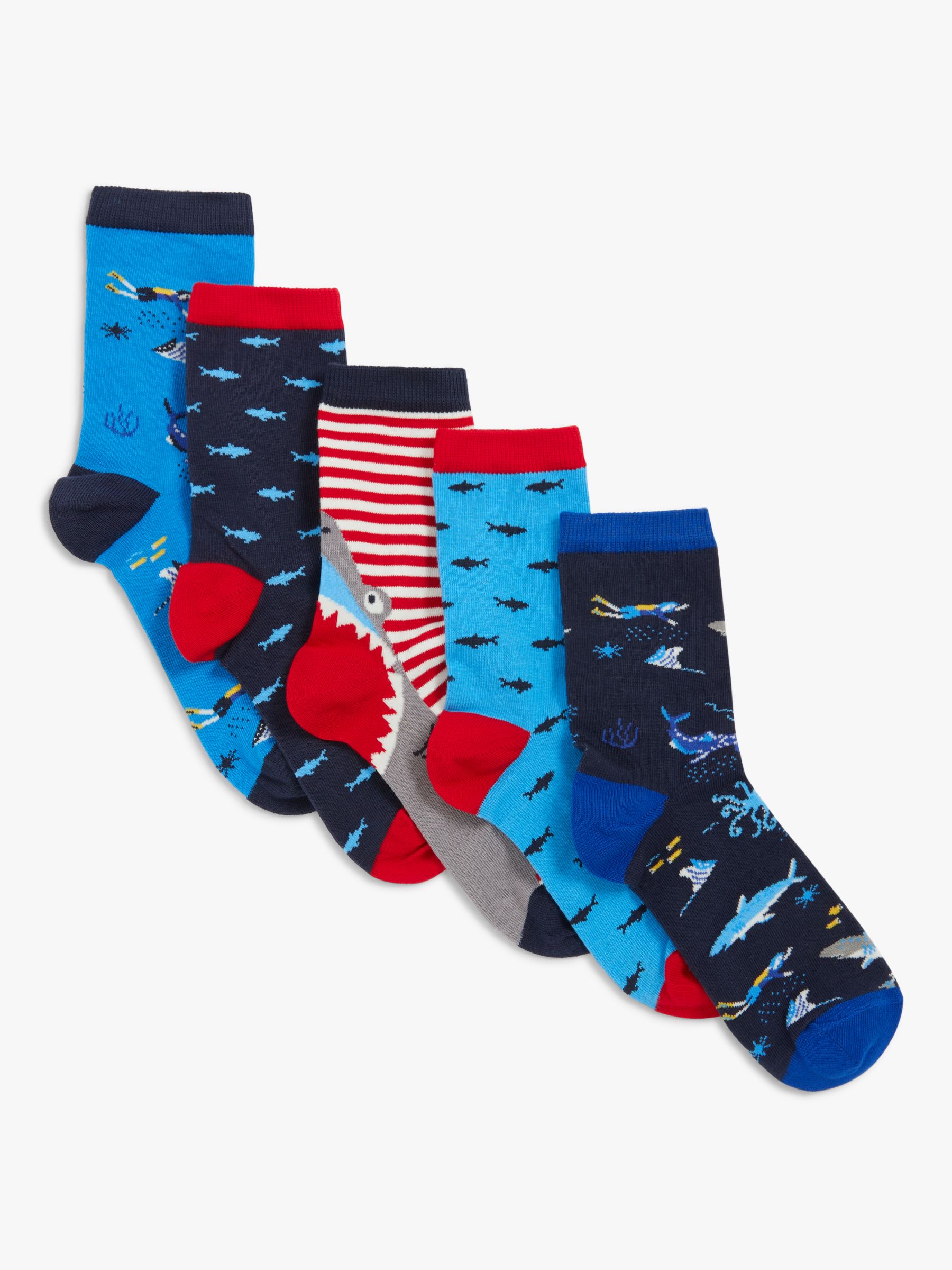 John Lewis Kids' Shark Print Socks, Pack of 5, Red/Blue