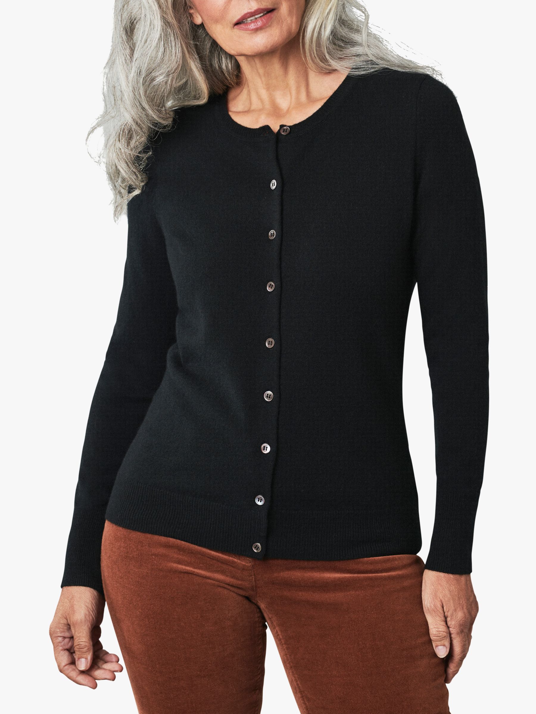 Pure Collection Cashmere Crew Neck Cardigan, Black at John Lewis & Partners