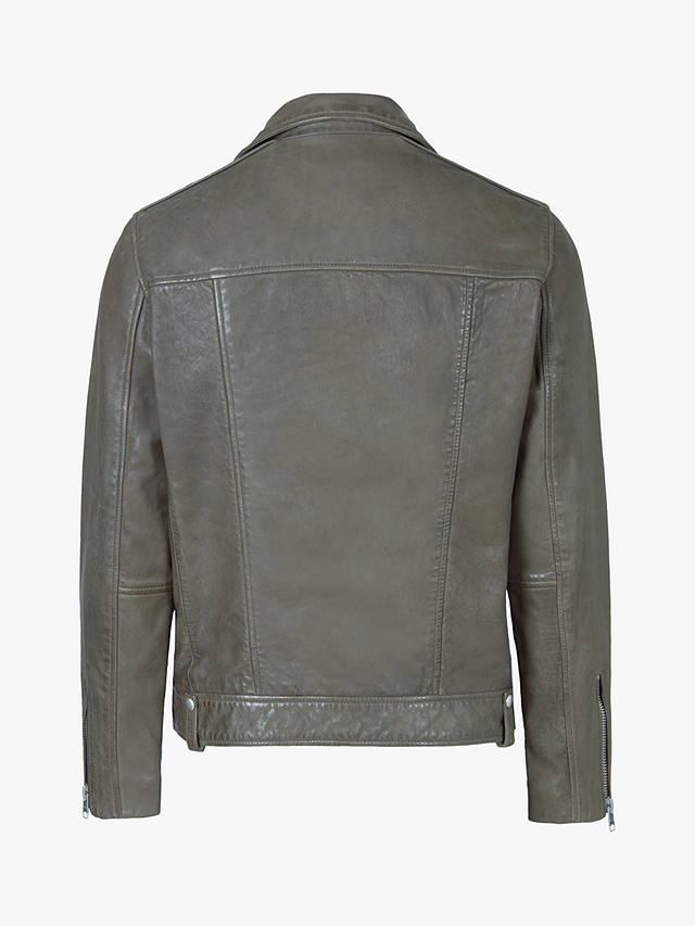 AllSaints Milo Leather Biker Jacket, Khaki Green at John Lewis & Partners