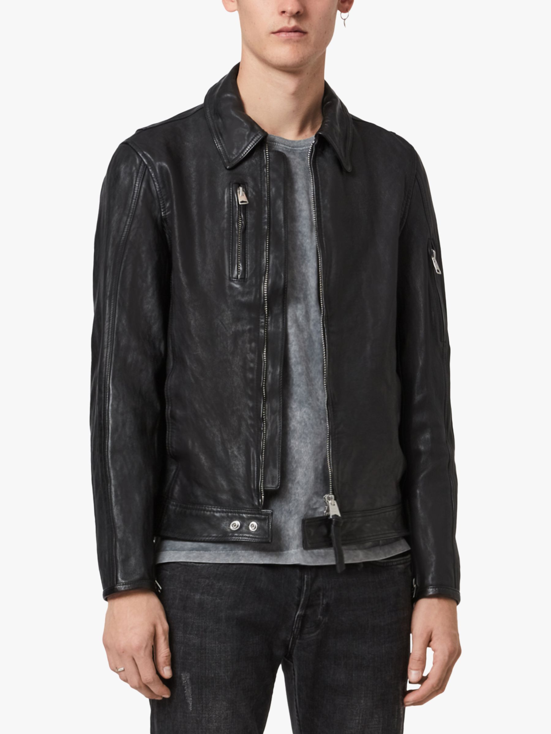 AllSaints Kaleb Leather Jacket, Black at John Lewis & Partners