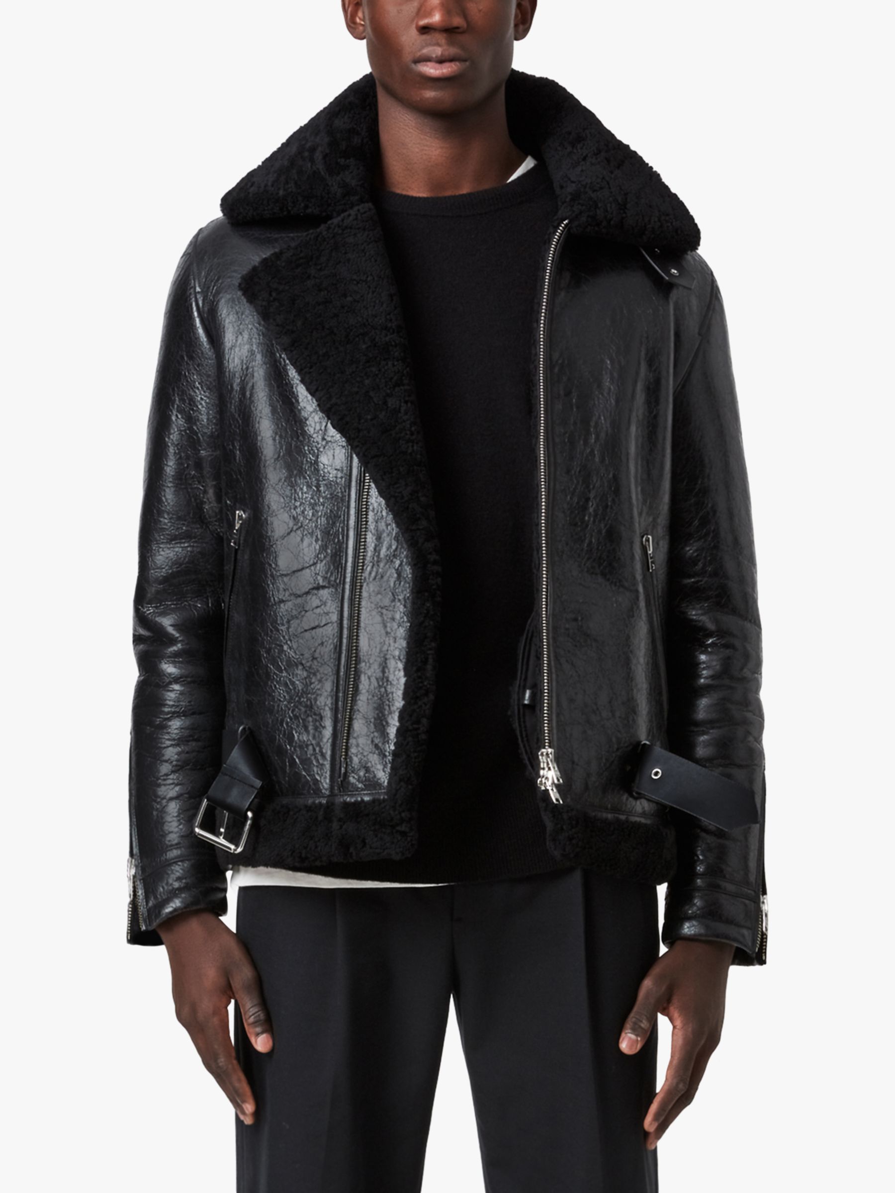 AllSaints Felix Shearling Leather Jacket, Black