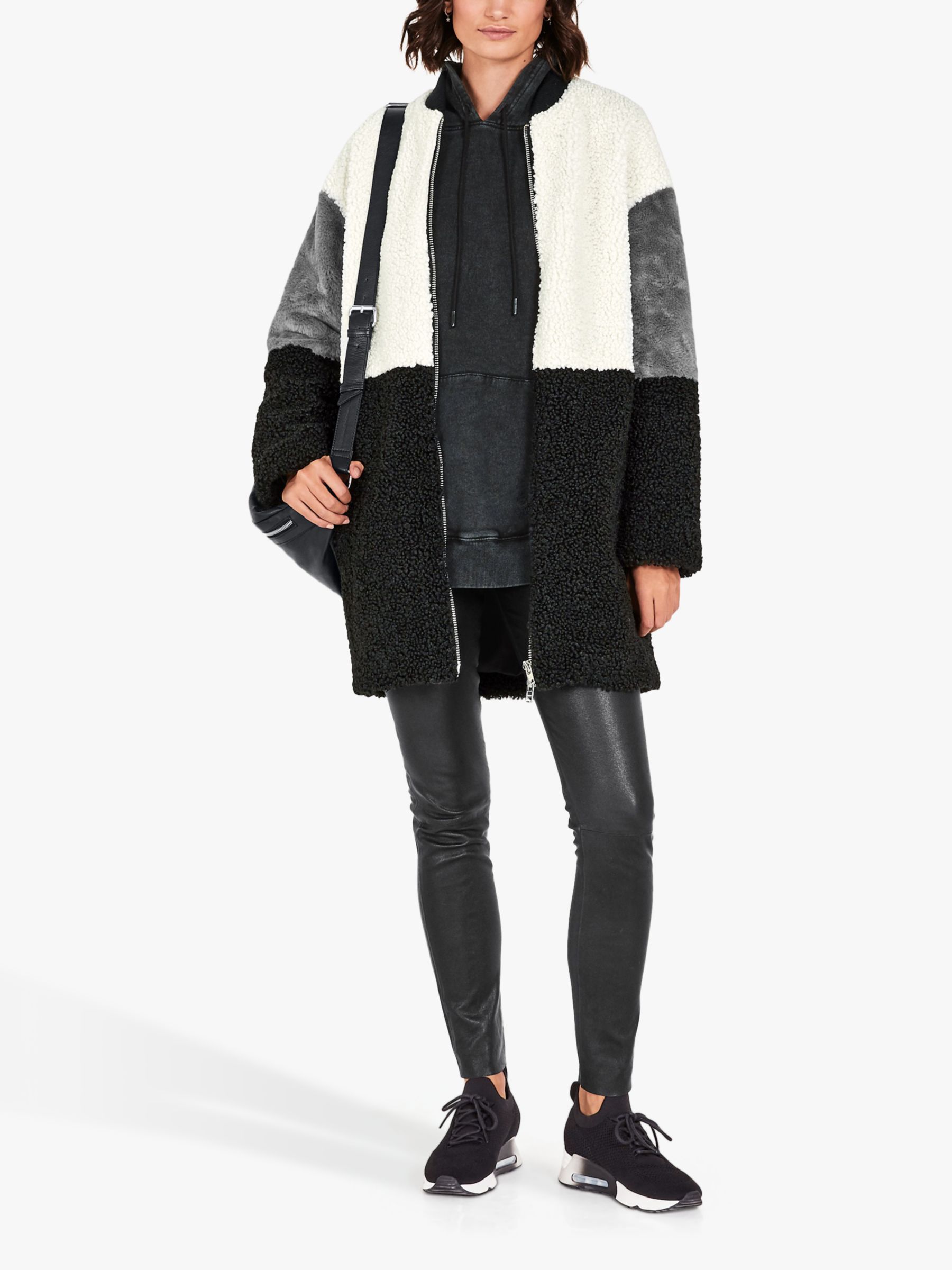 HUSH Rivage Colour Block Fur Coat, Black/Ecru/Grey
