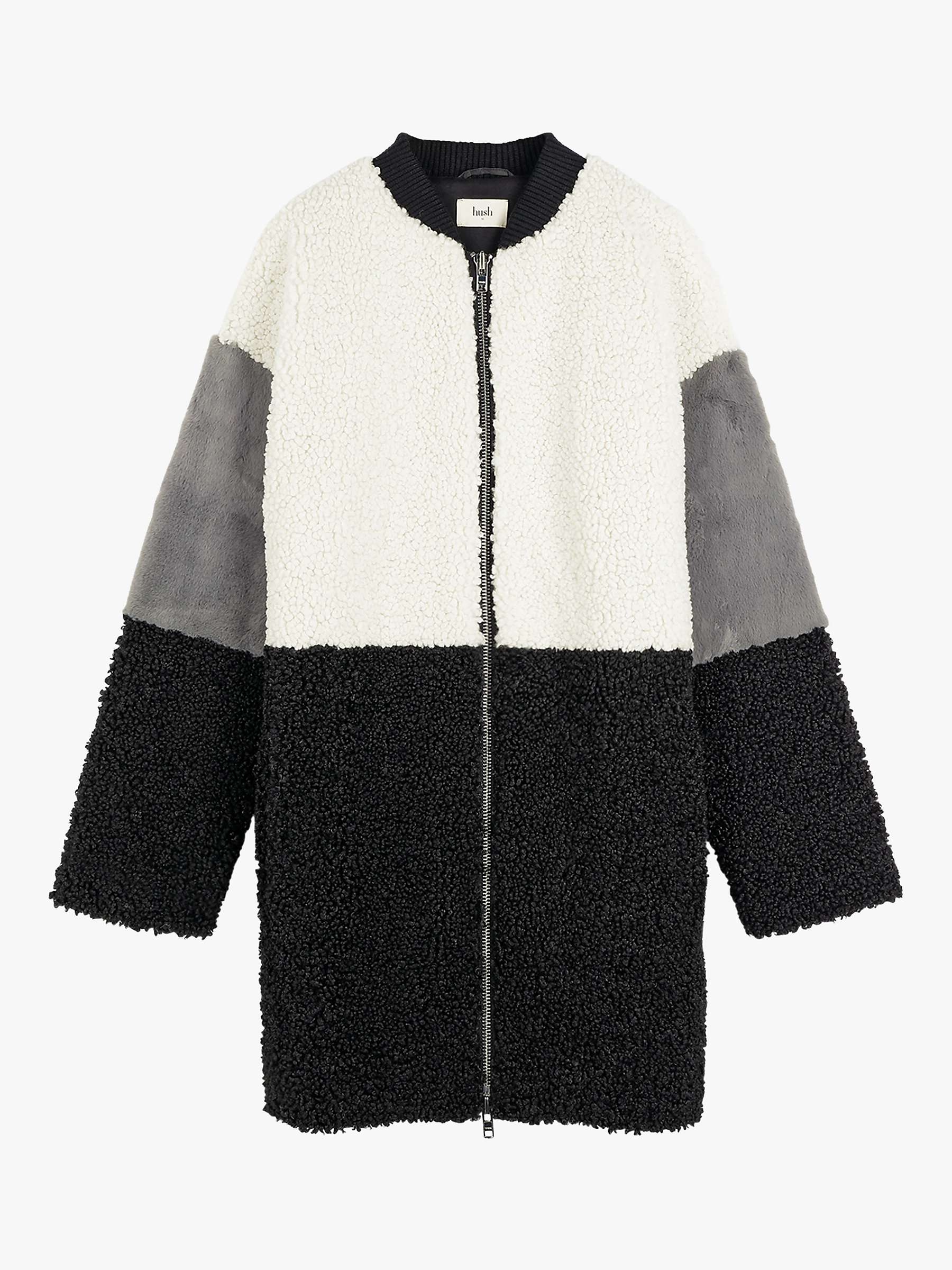 hush Rivage Colour Block Fur Coat, Black/Ecru/Grey at John Lewis & Partners