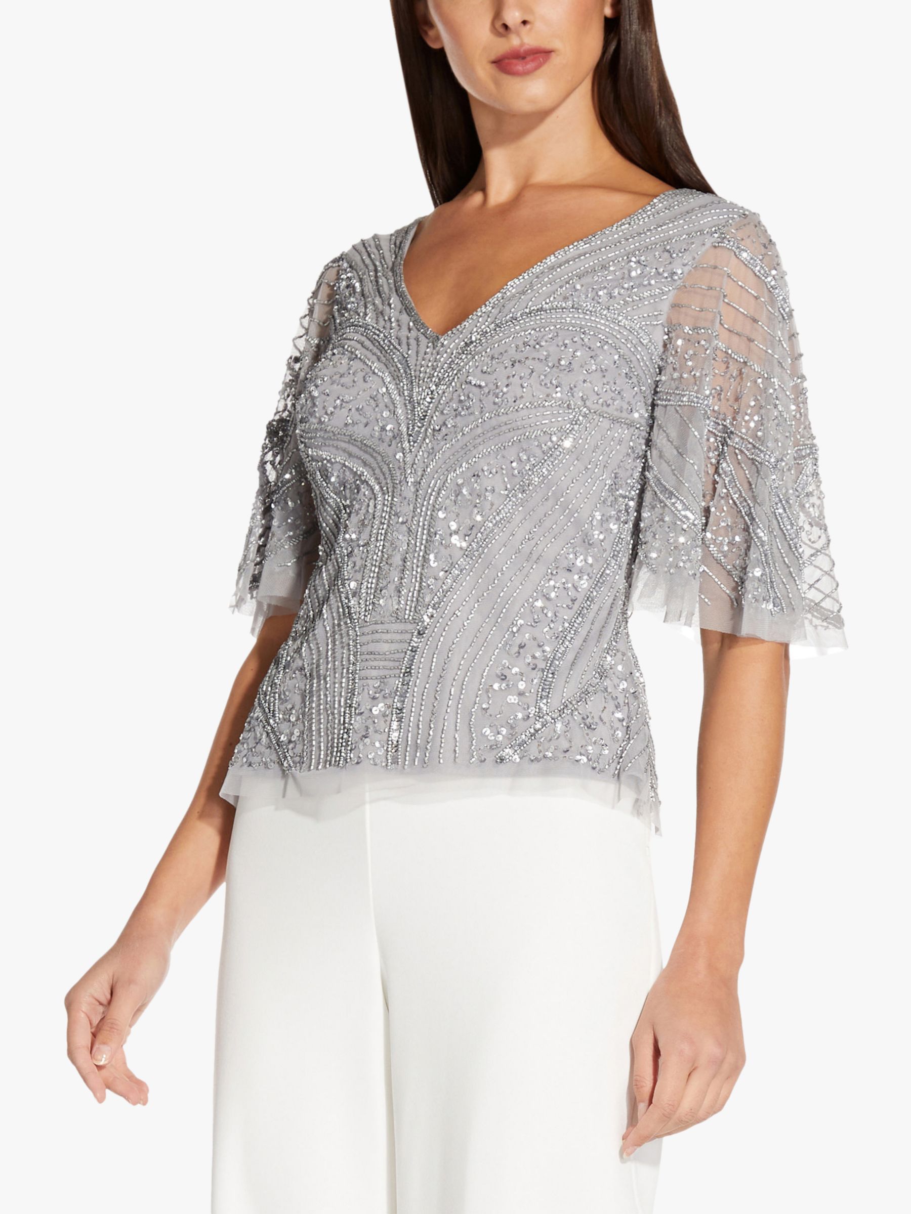 Adrianna Papell Flutter Embellished Top Silver Mist 8