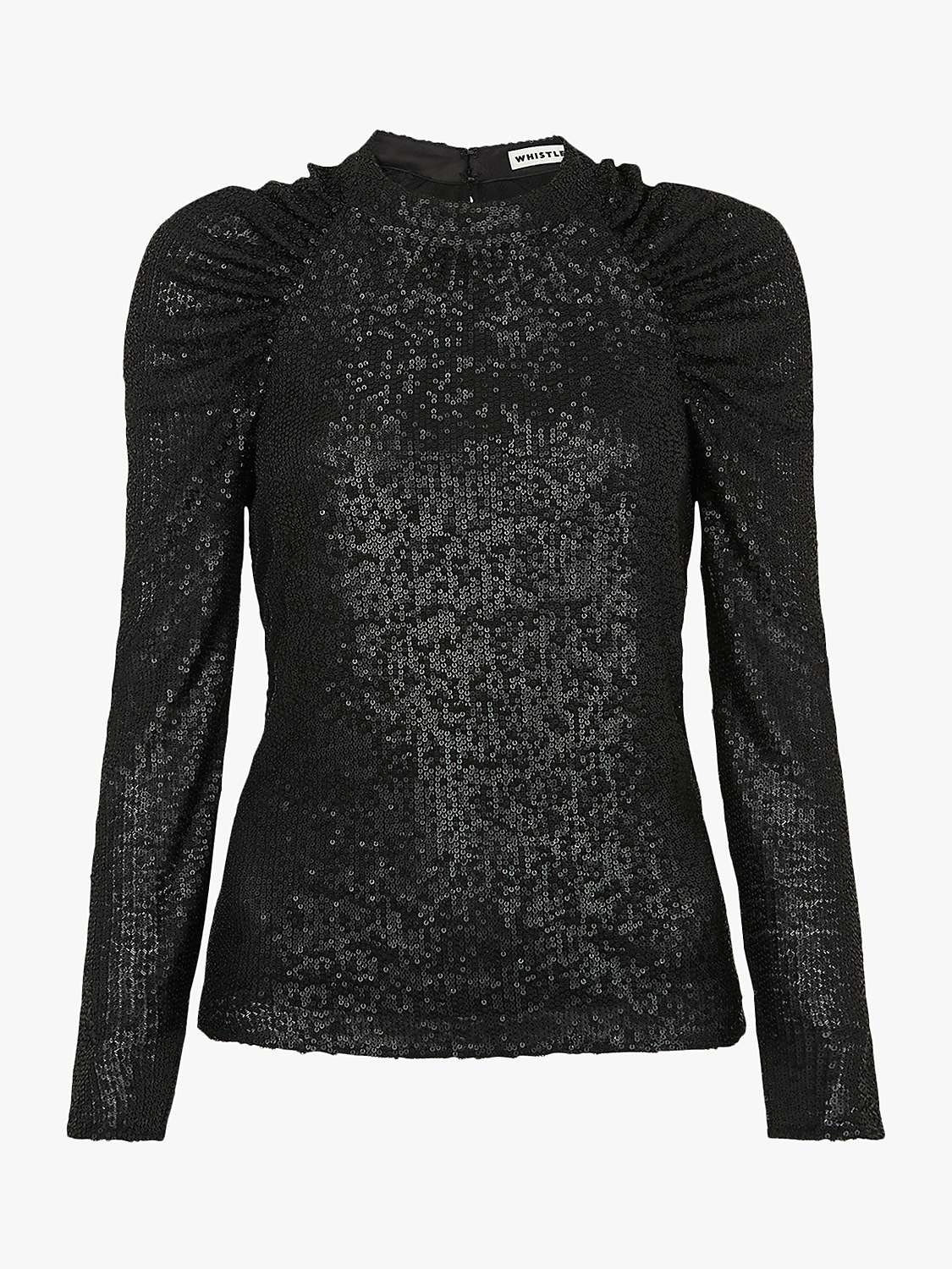 Whistles Sequin Embellished Ruched Sleeve Top, Black at John Lewis ...