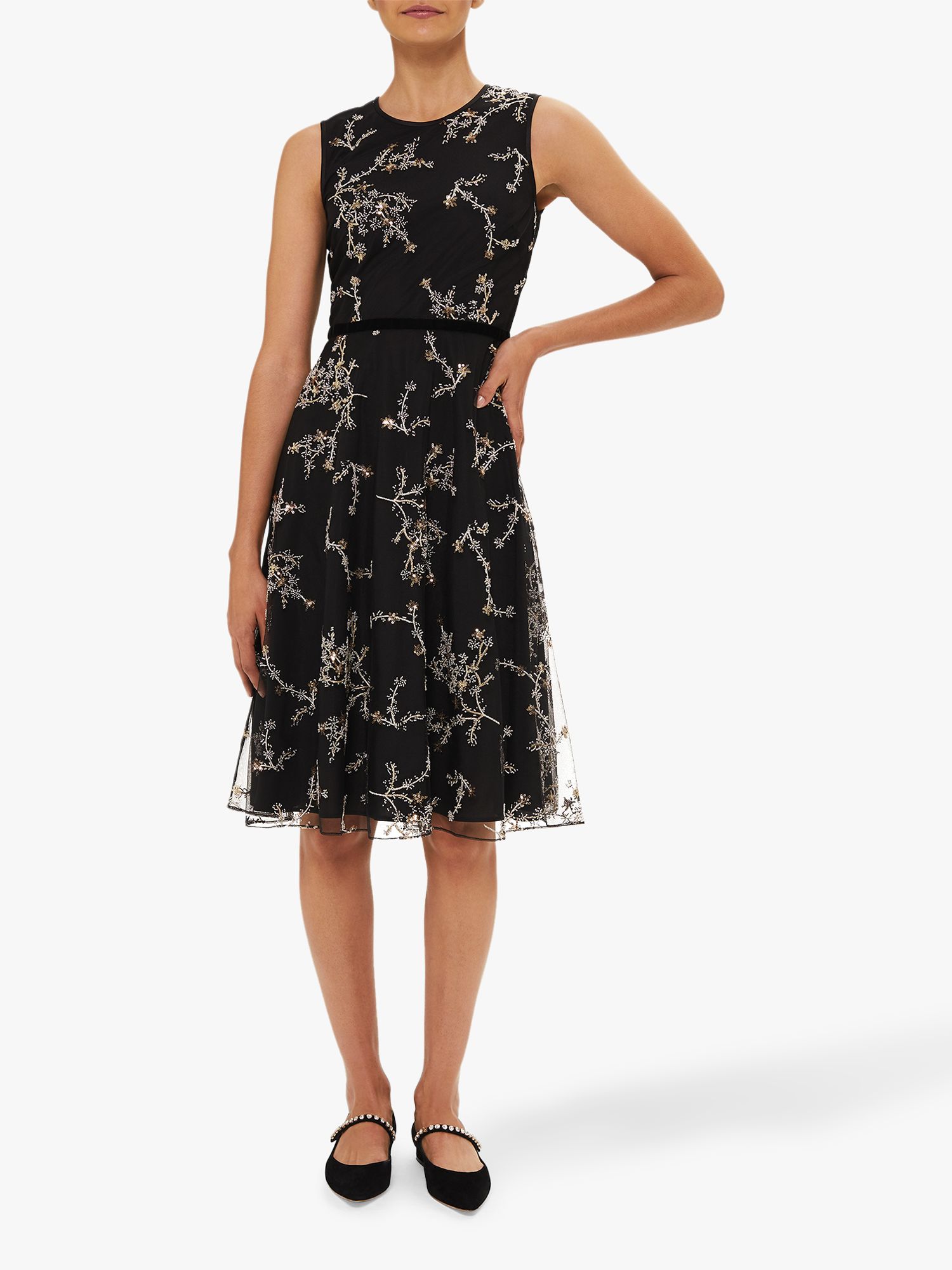 Hobbs Lilith Floral Embroidered Knee Length Dress, Black/Metallic