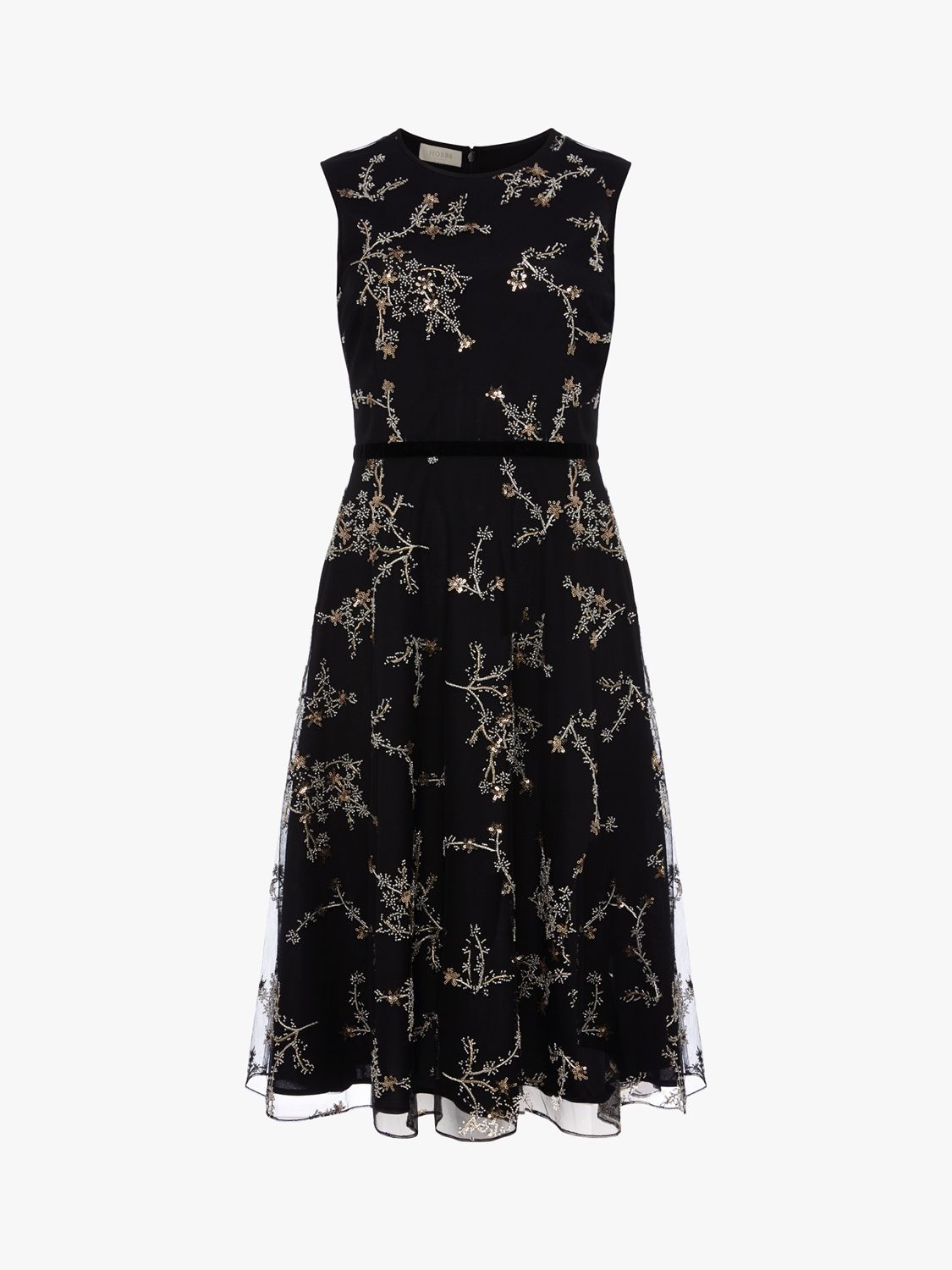Hobbs Lilith Floral Embroidered Knee Length Dress, Black/Metallic