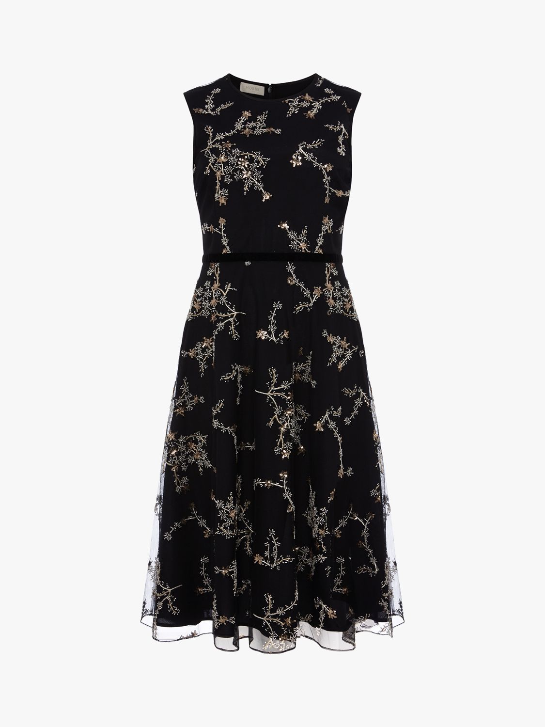 Hobbs Lilith Floral Embroidered Knee Length Dress, Black/Metallic, 6