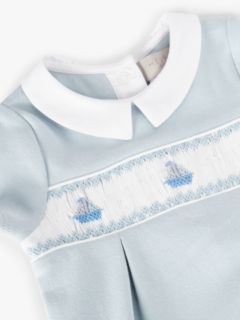 John Lewis Heirloom Collection Baby Smocked Sail Boat Romper, Blue, Newborn