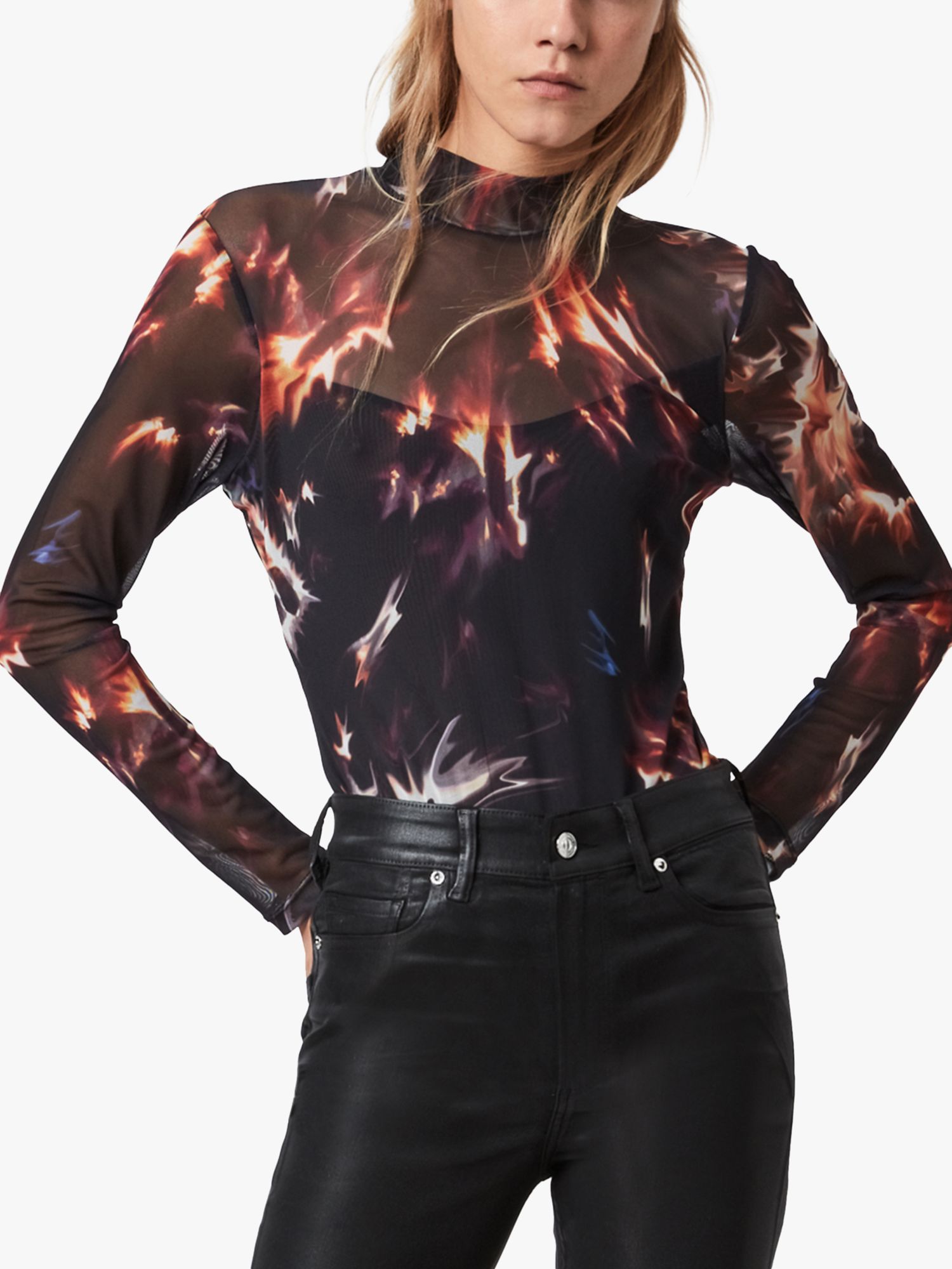 AllSaints Flames Graphic Print Bodysuit, Black/Red