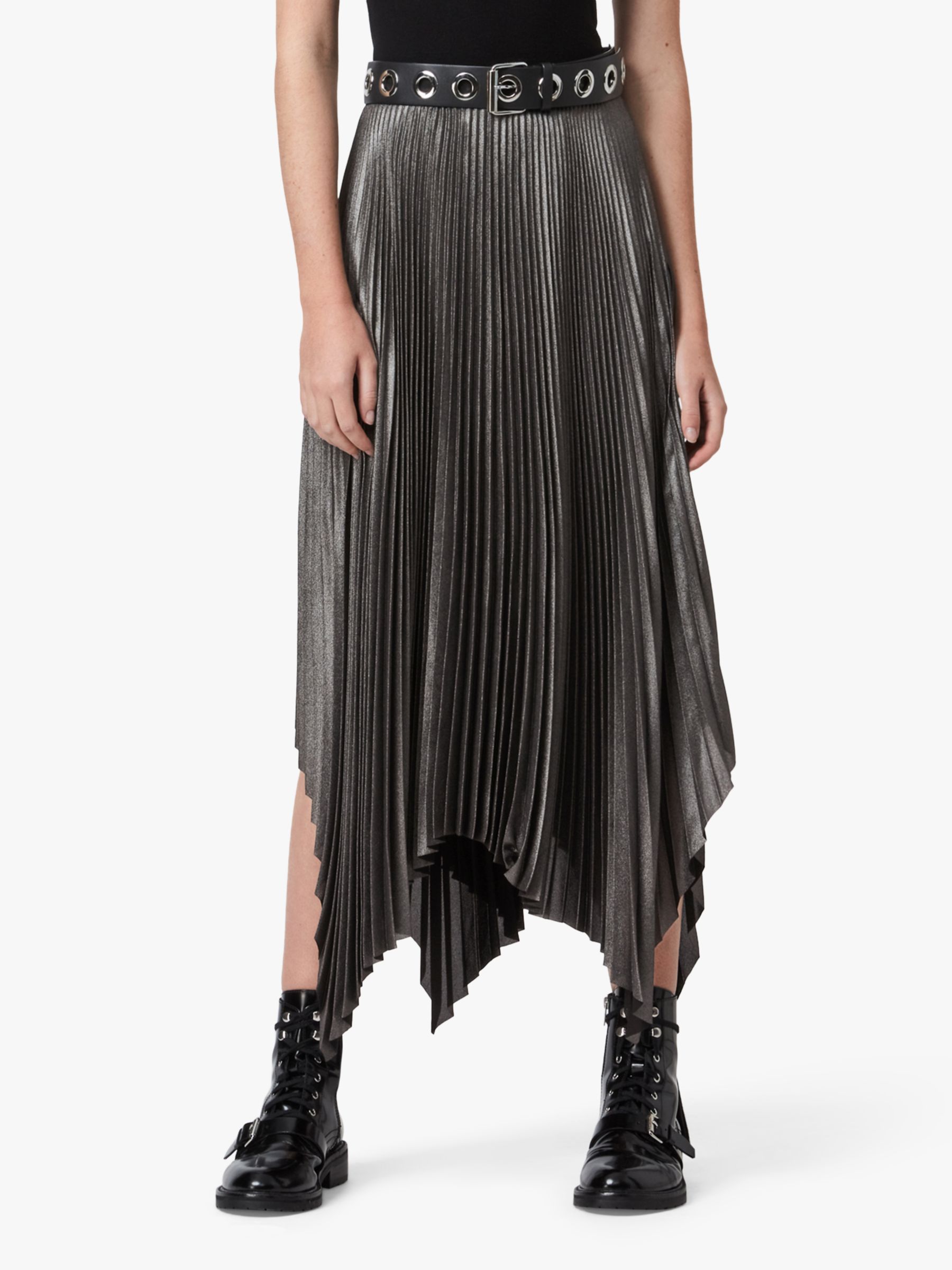 AllSaints Jas Shimmer Pleated Skirt, Silver