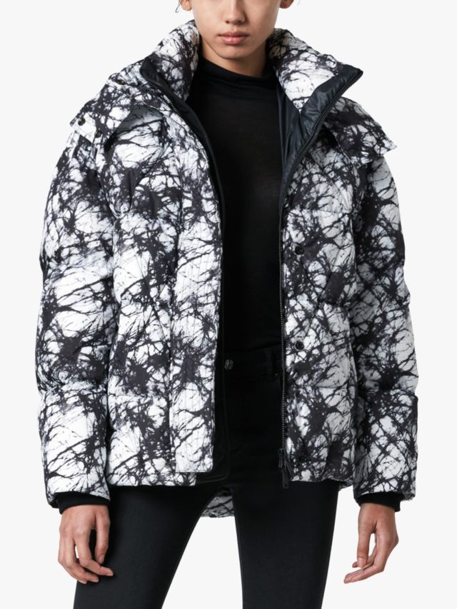 AllSaints Wren Tie Dye Print Puffer Jacket, Black/White, 6