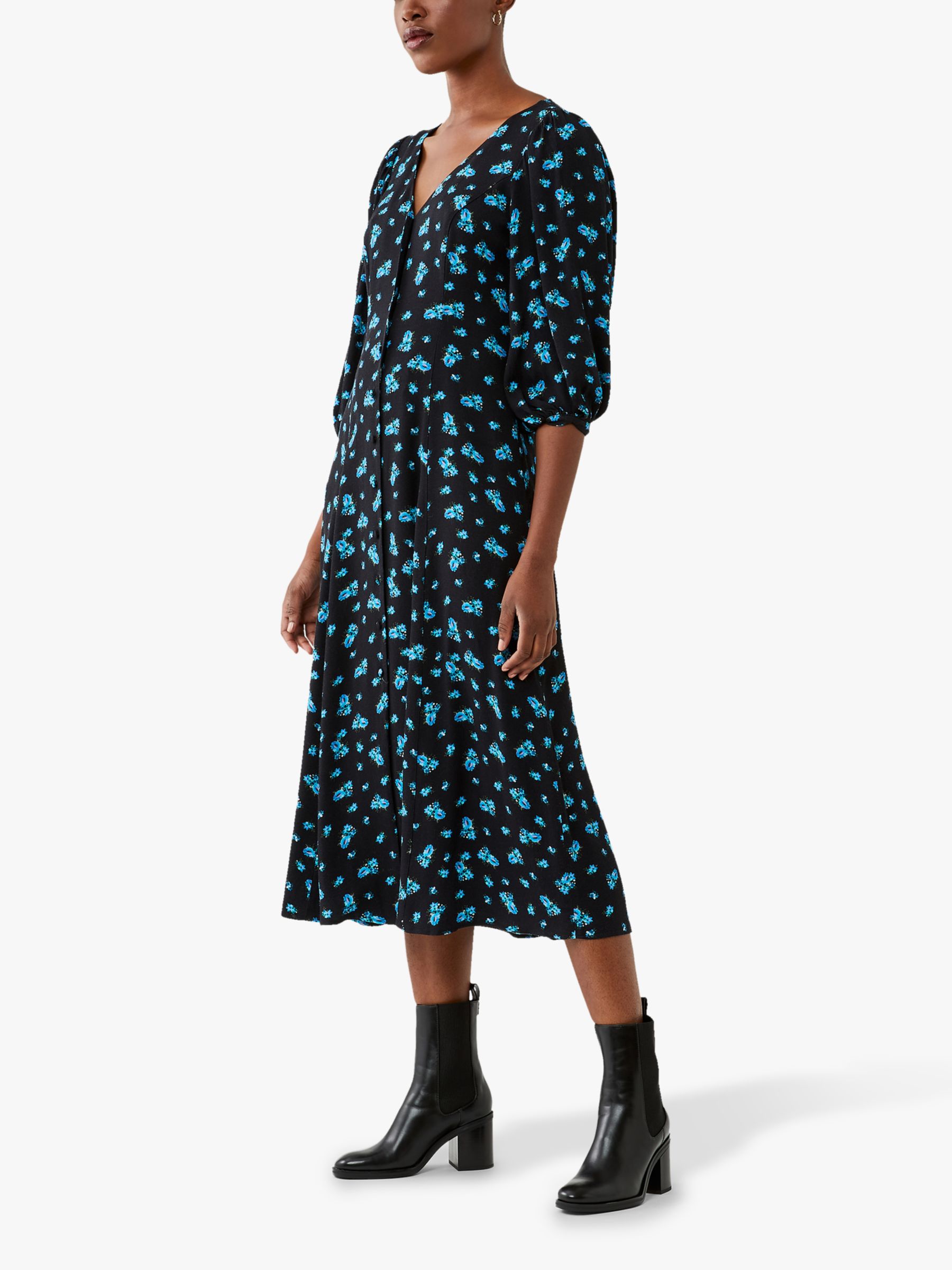 Ghost Ava Floral Midi Dress, Bouquet/Black/Turquoise at John Lewis ...