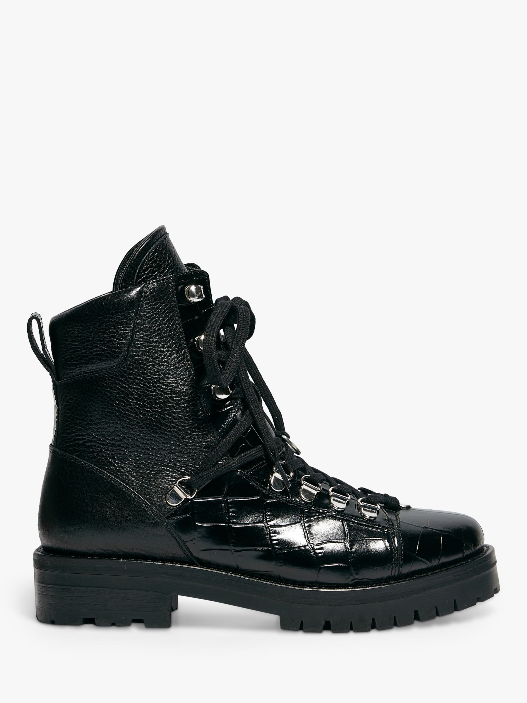 AllSaints Franka Leather Croc Ankle Boots, Black at John Lewis & Partners