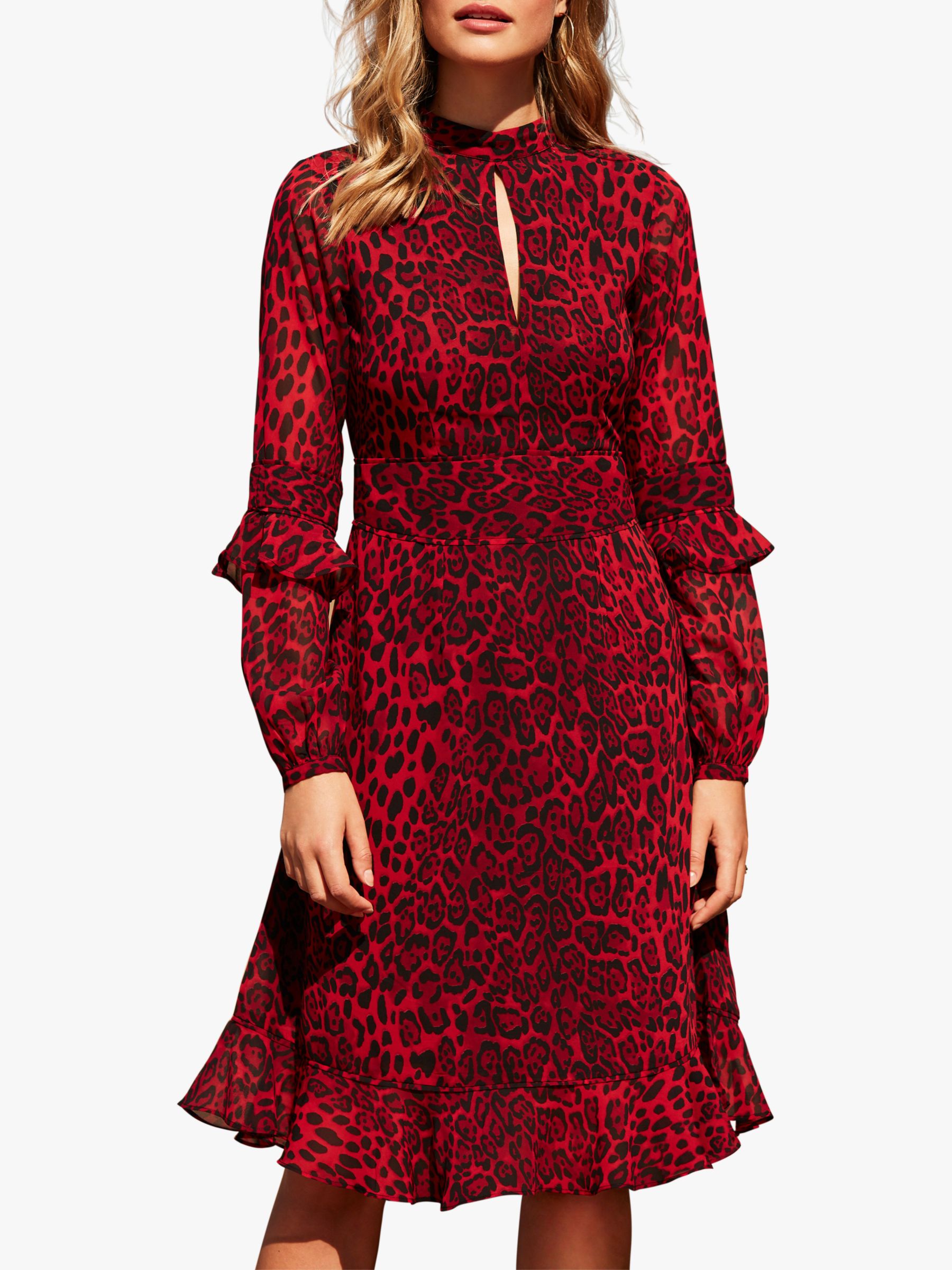 Sosandar Leopard Print Fit And Flare Ruffle Dress, Red
