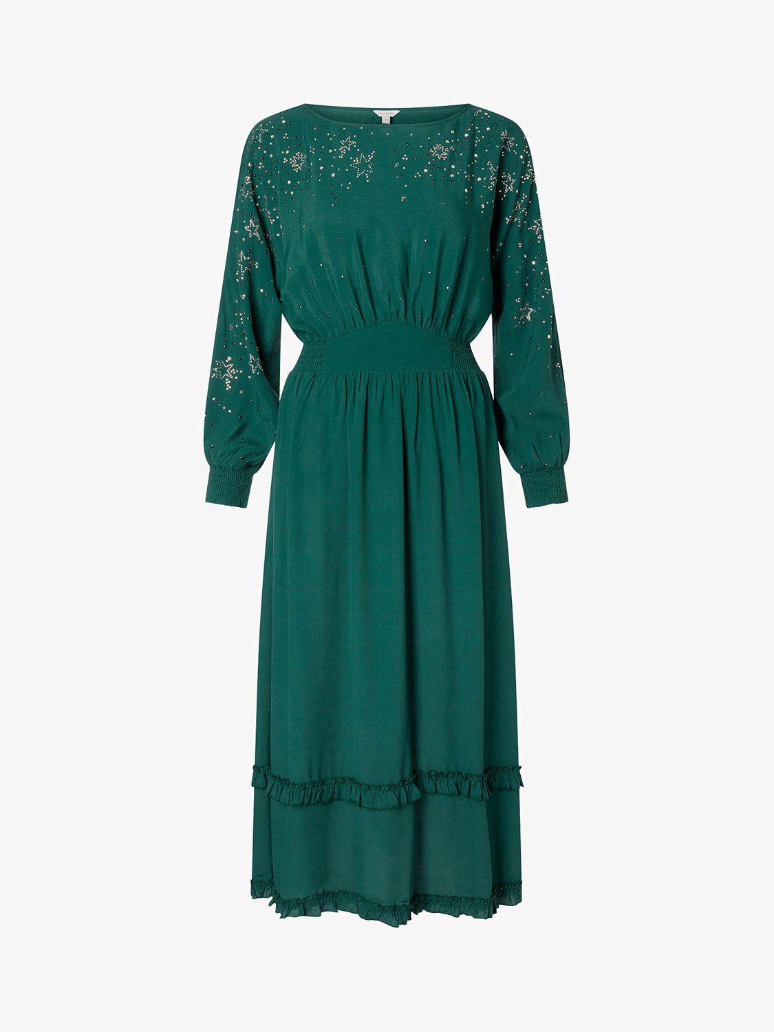 Monsoon Heatseal Star Embellished Midi Dress, Dark Green