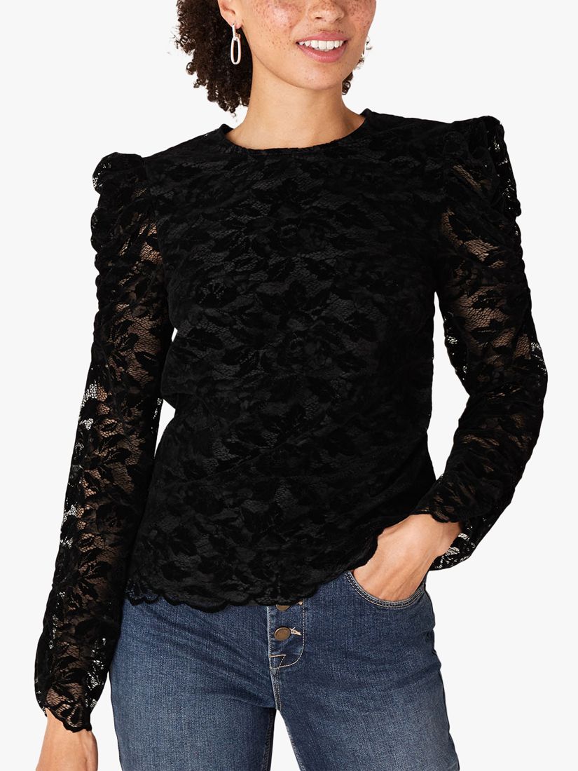 Monsoon Flocked Lace Floral Top, Black