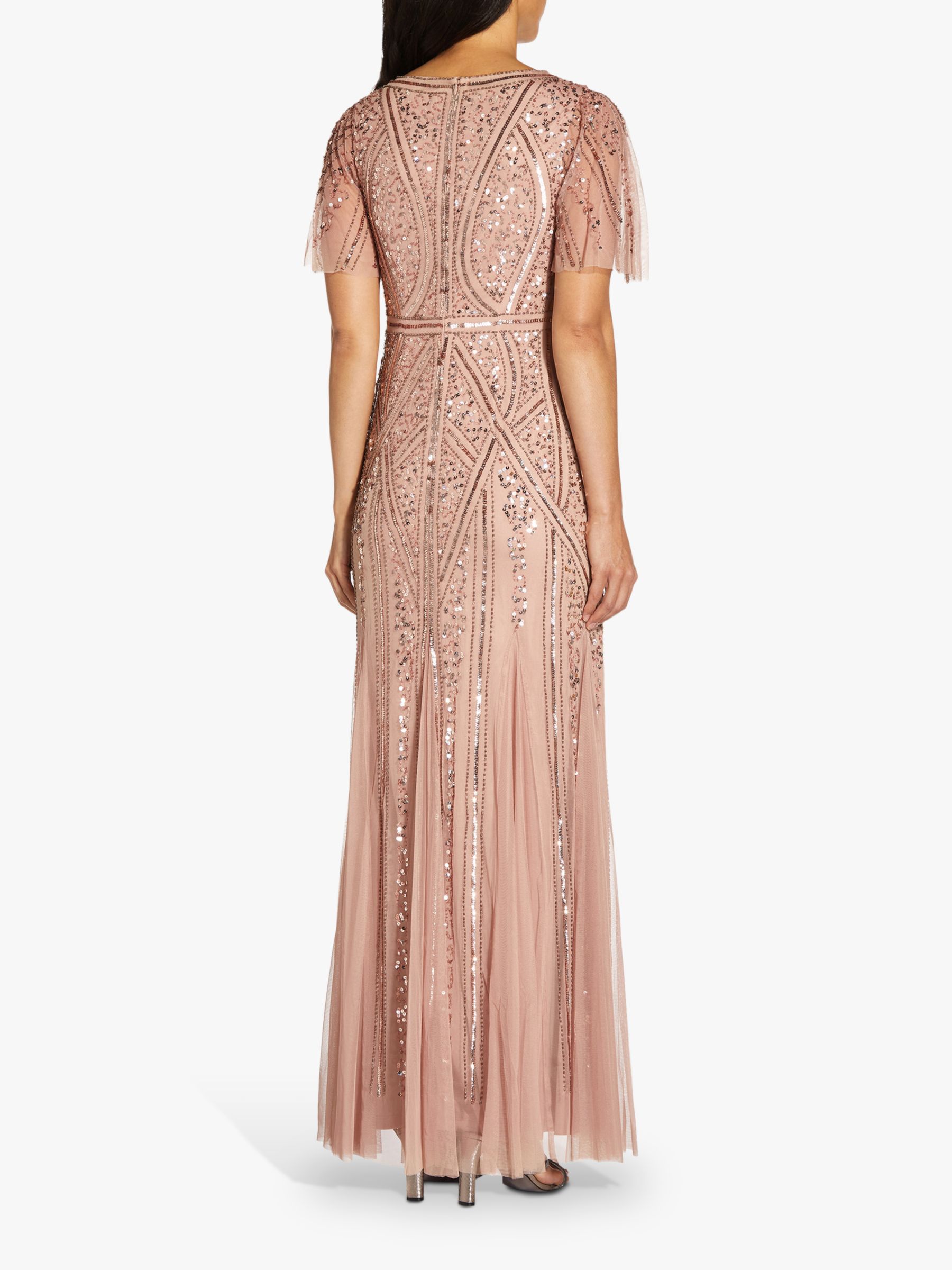 Adrianna Papell Flutter Sleeve Beaded Maxi Gown Rose Gold At John Lewis And Partners