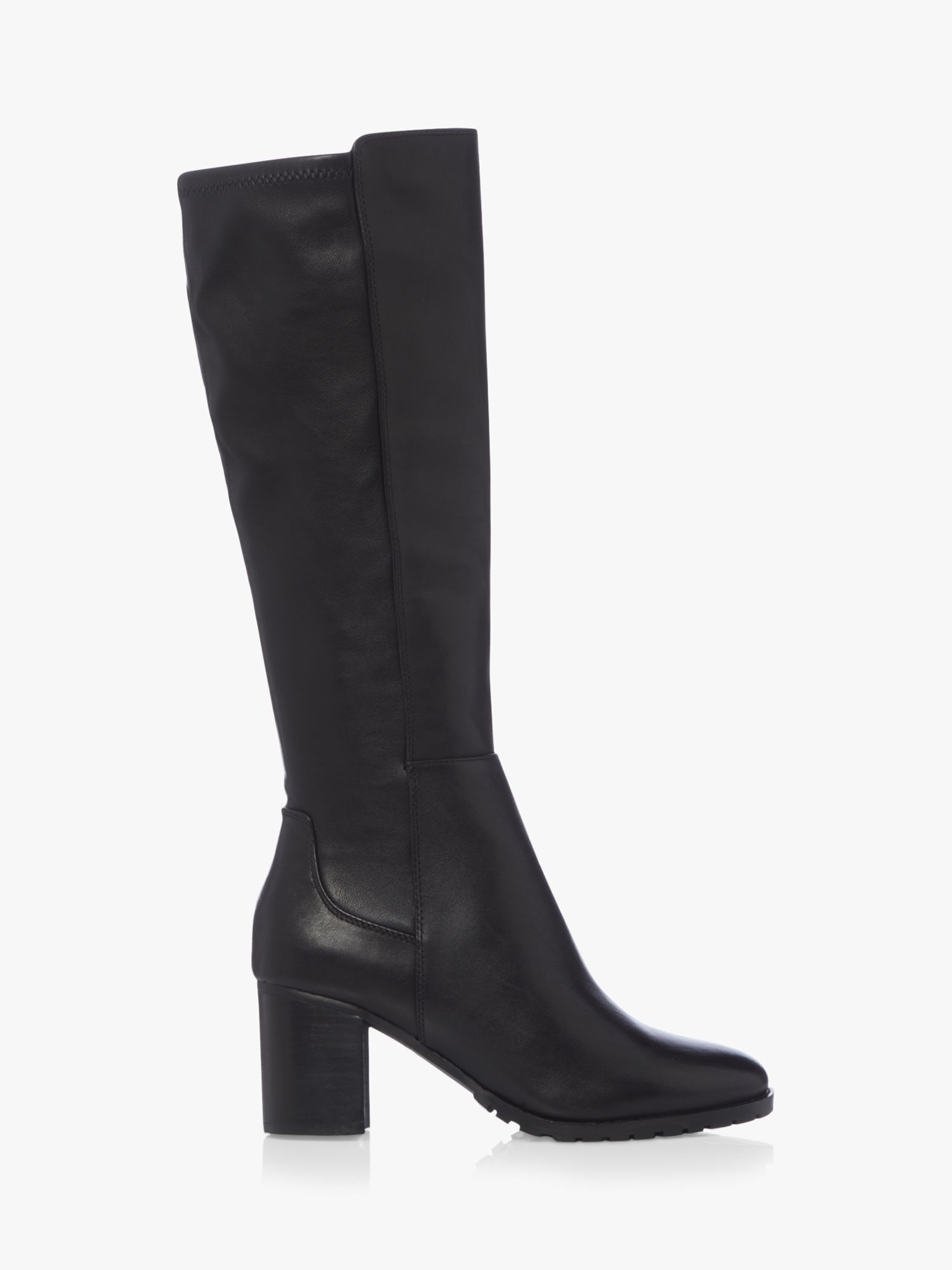 Dune Titain Leather Stretch Cleated Knee High Block Heel Boots, Black ...