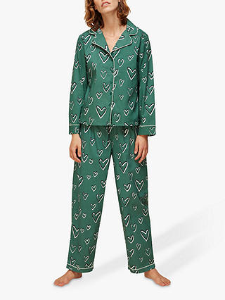 Whistles Heart Print Cotton Pyjama Set, Green/Multi