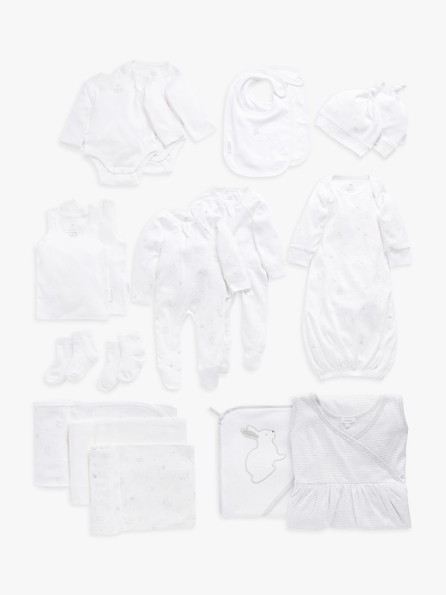 Purebaby GOTS Organic Cotton Essentials Newborn Hospital Gift Set, Pack of 16, White
