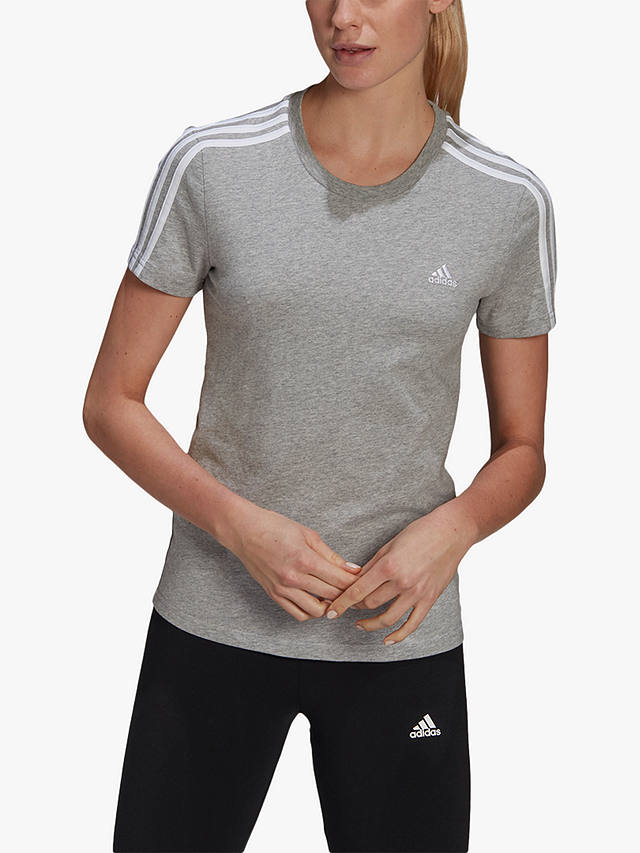 adidas LOUNGEWEAR Essentials Slim 3-Stripes T-Shirt, Medium Grey Heather/White