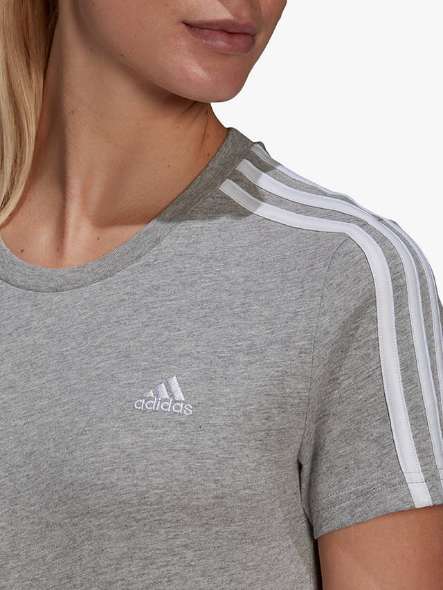 adidas LOUNGEWEAR Essentials Slim 3-Stripes T-Shirt, Medium Grey Heather/White