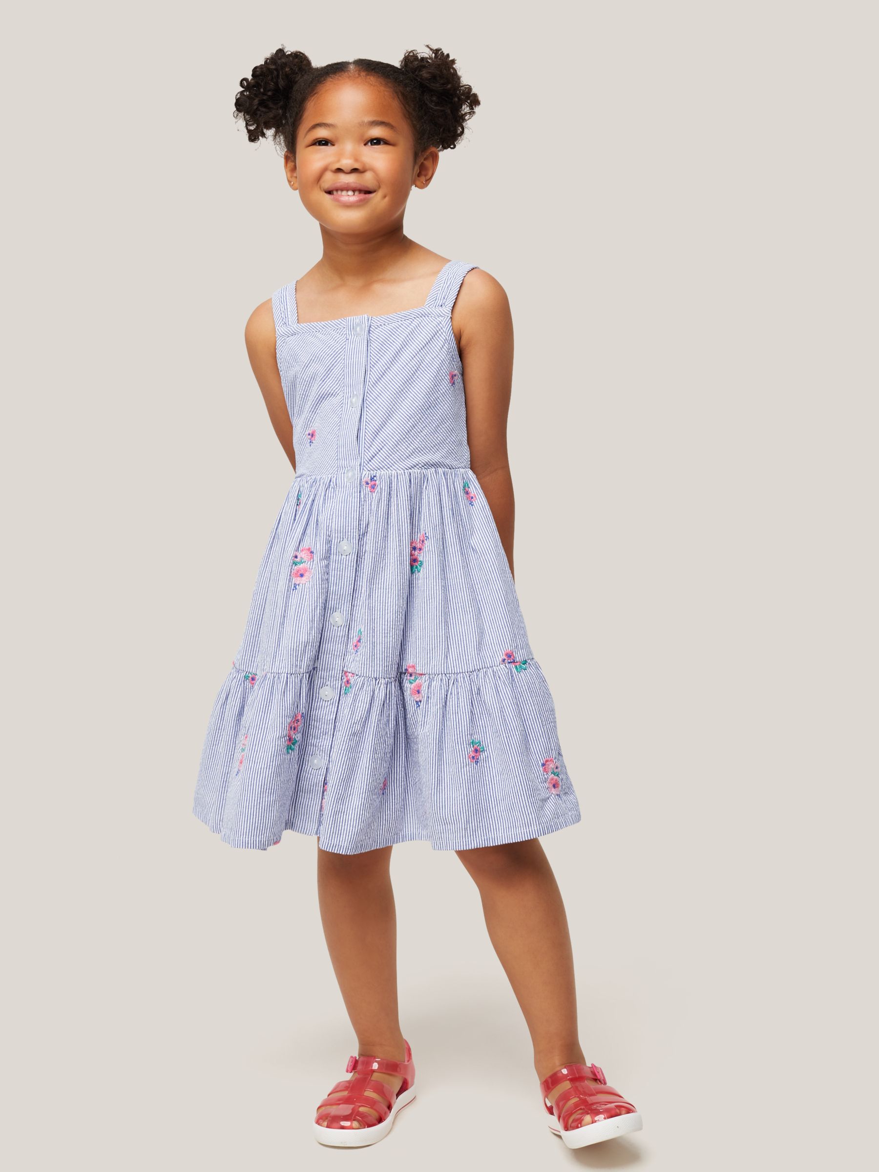 John Lewis & Partners Kids' Floral Embroidered Stripe Dress, Blue