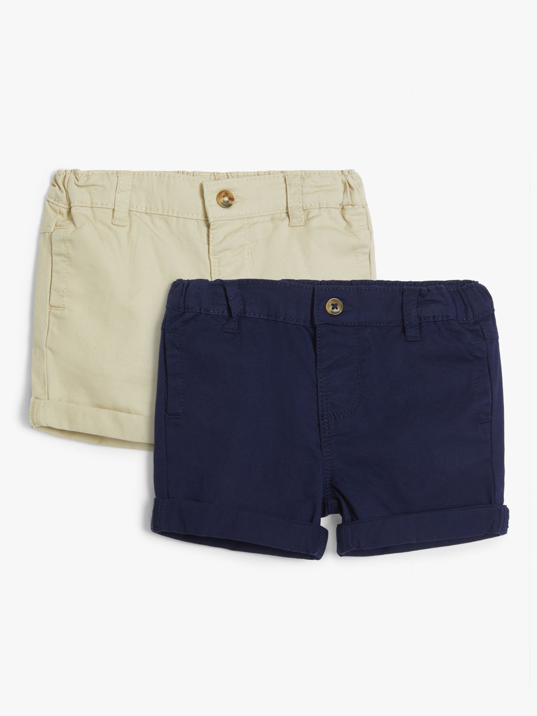 John Lewis Baby Organic Cotton Twill Shorts, Pack of 2, Stone/Navy