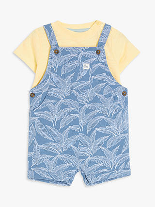John Lewis Baby Leaf Jersey Short Dungarees and Top Set, Blue/Yellow