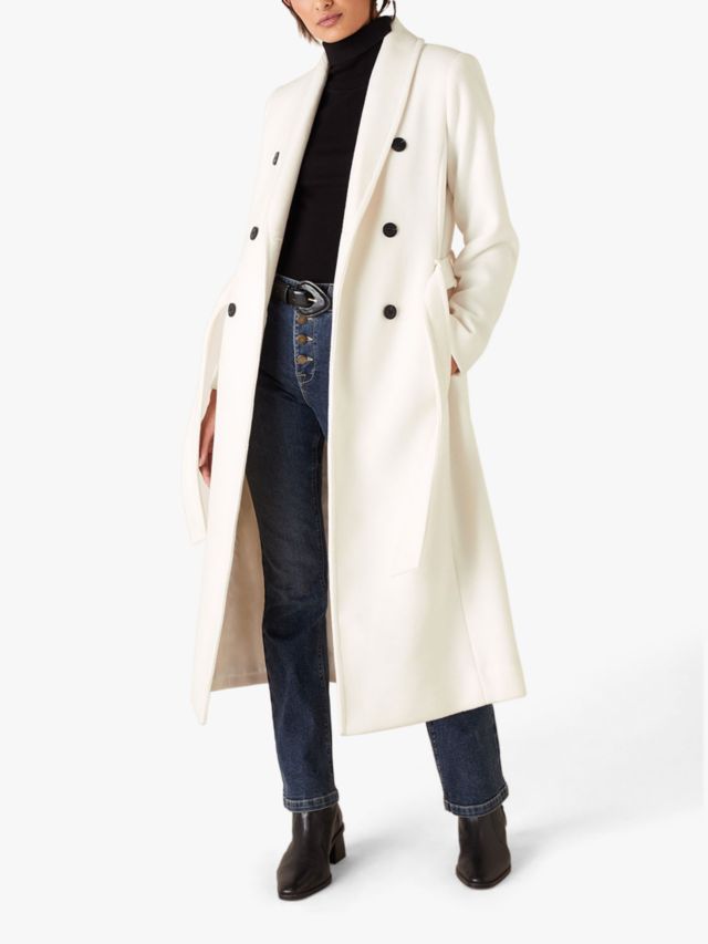 Monsoon Double Breasted Long Coat, White, 8