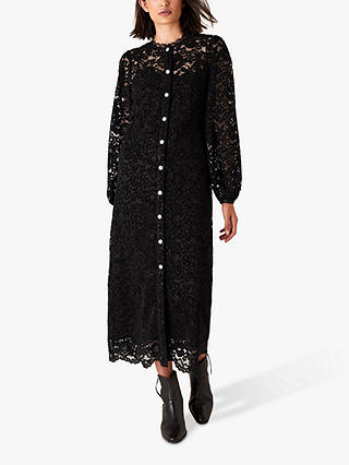 Monsoon Francesca Floral Lace Shirt Dress, Black
