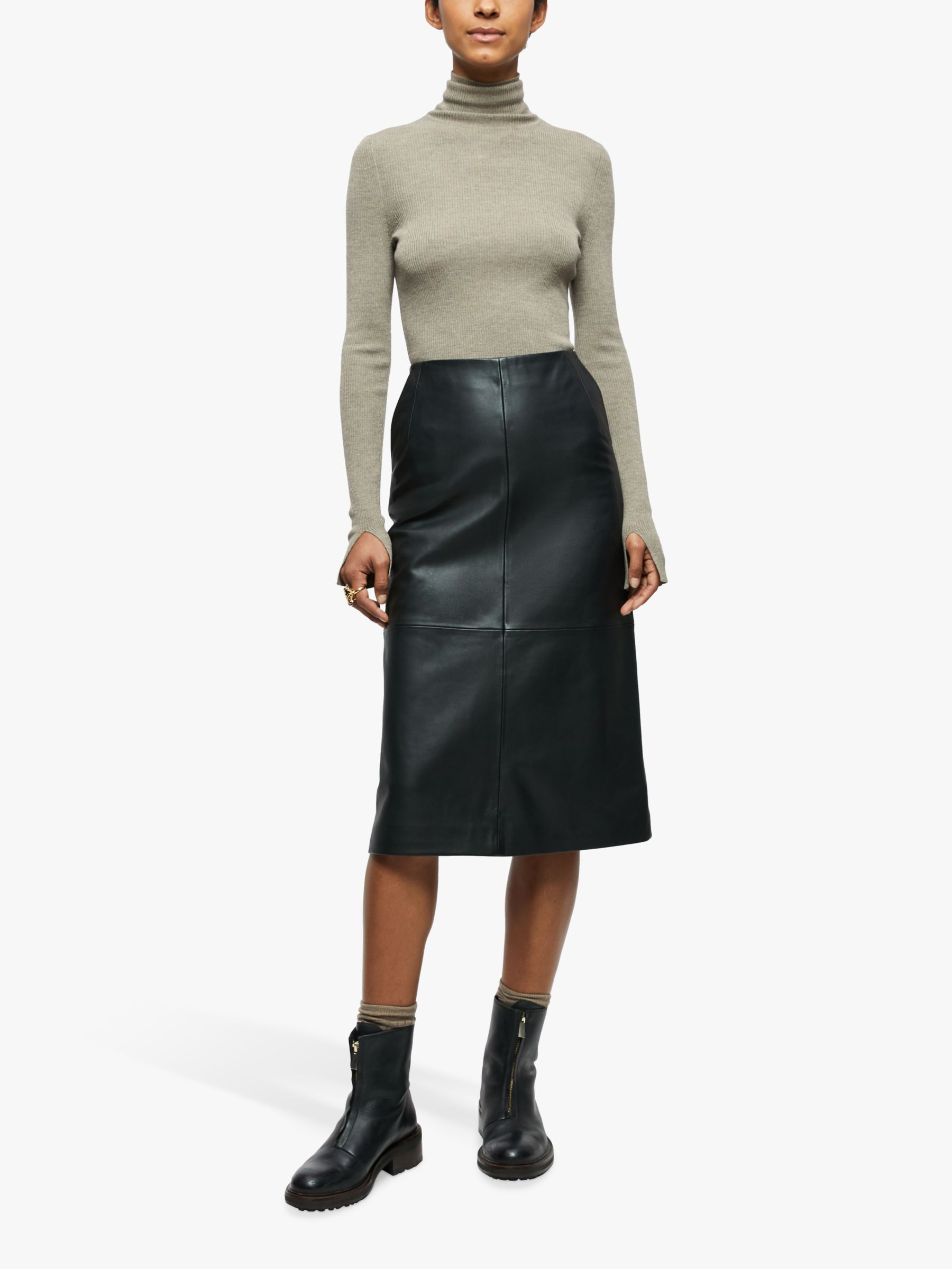 Jigsaw Leather Midi Skirt, Black at John Lewis & Partners