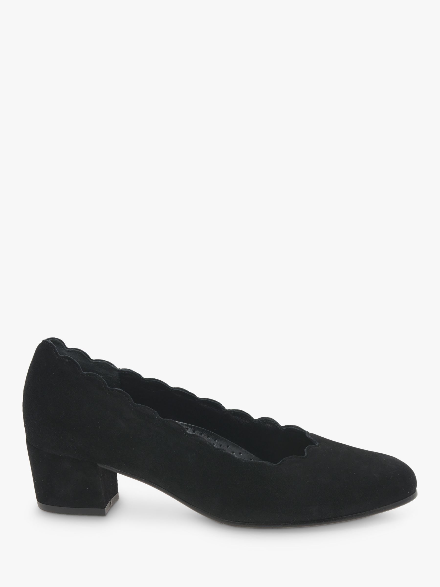 Gabor Wide Gigi Scallop Edge Suede Heeled Court Shoes, Black at John Lewis Partners