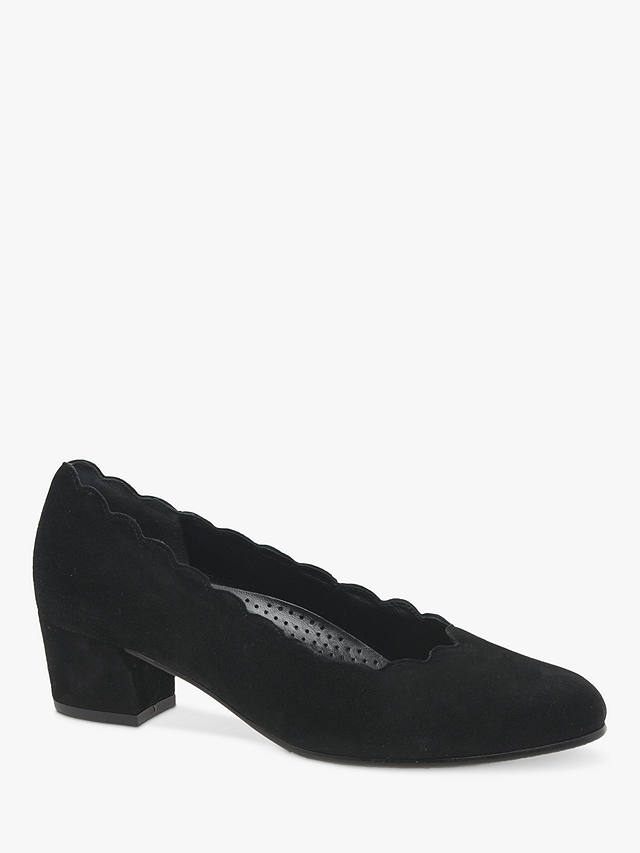 Gabor Wide Fit Gigi Scallop Edge Suede Block Heeled Court Shoes, Black