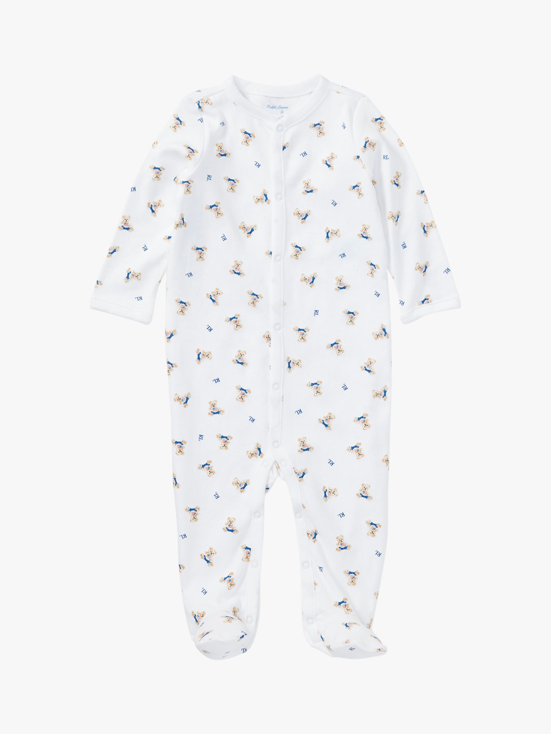 Ralph Lauren Baby Polo Bear Print Sleepsuit, White/Blue at John Lewis ...