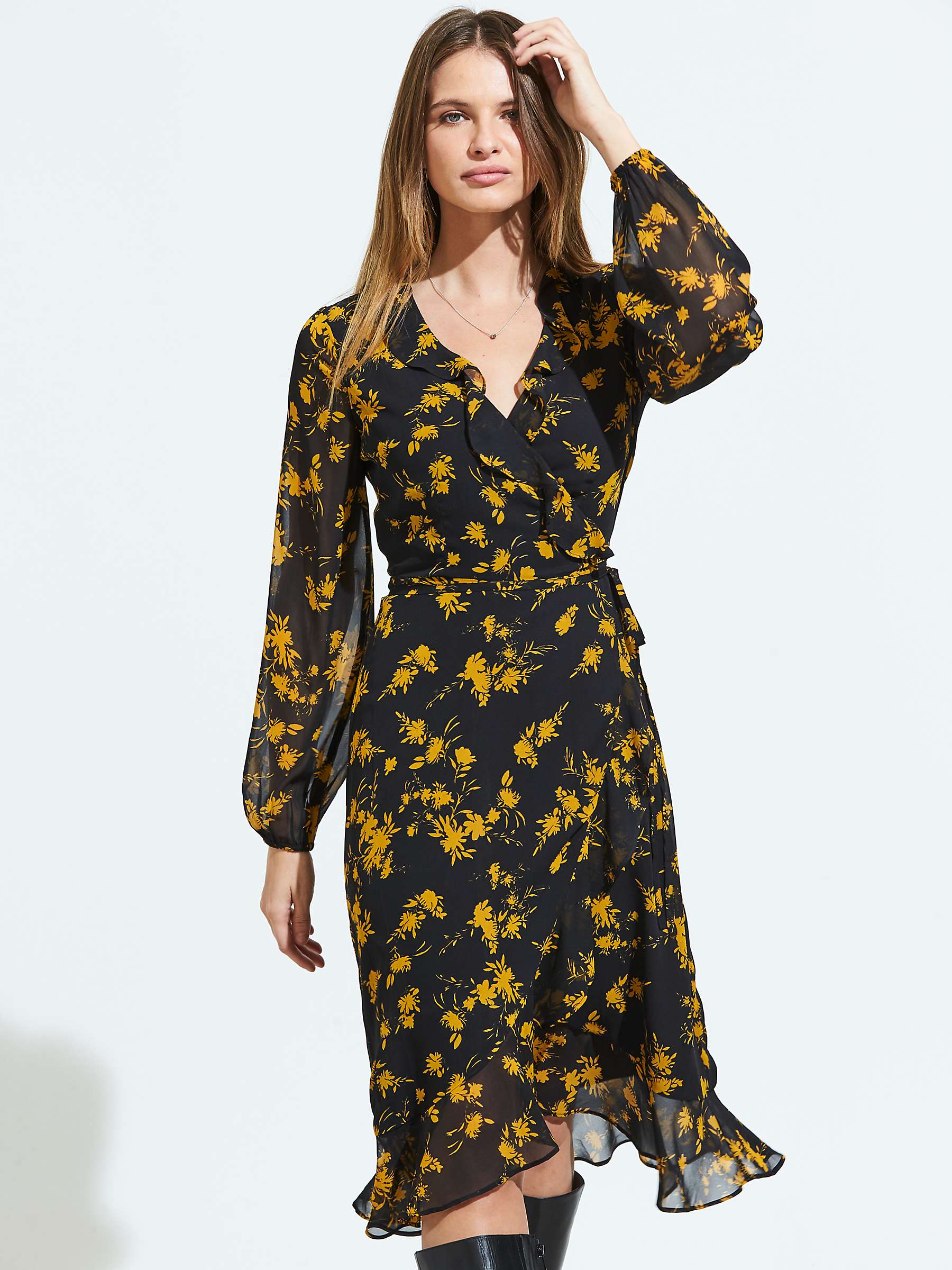 Sosandar Floral Print Ruffle Wrap Dress, Black/Gold at John Lewis \u0026 Partners