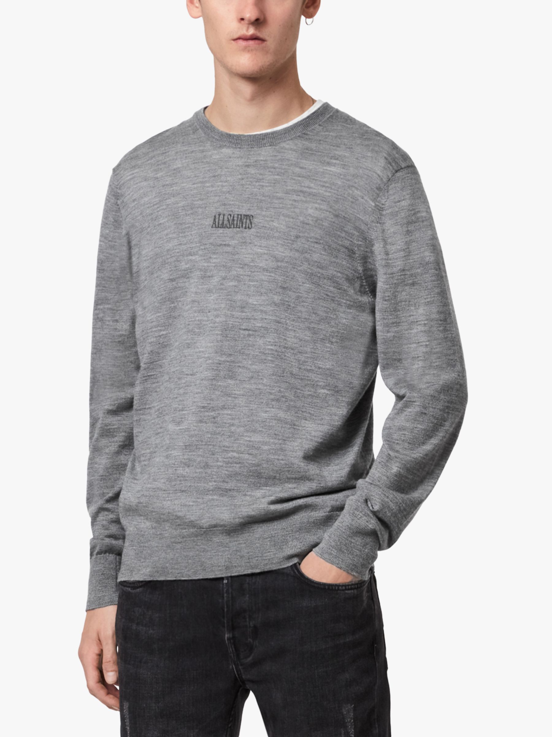 AllSaints State Merino Crew Neck Jumper, Grey Marl at John Lewis & Partners