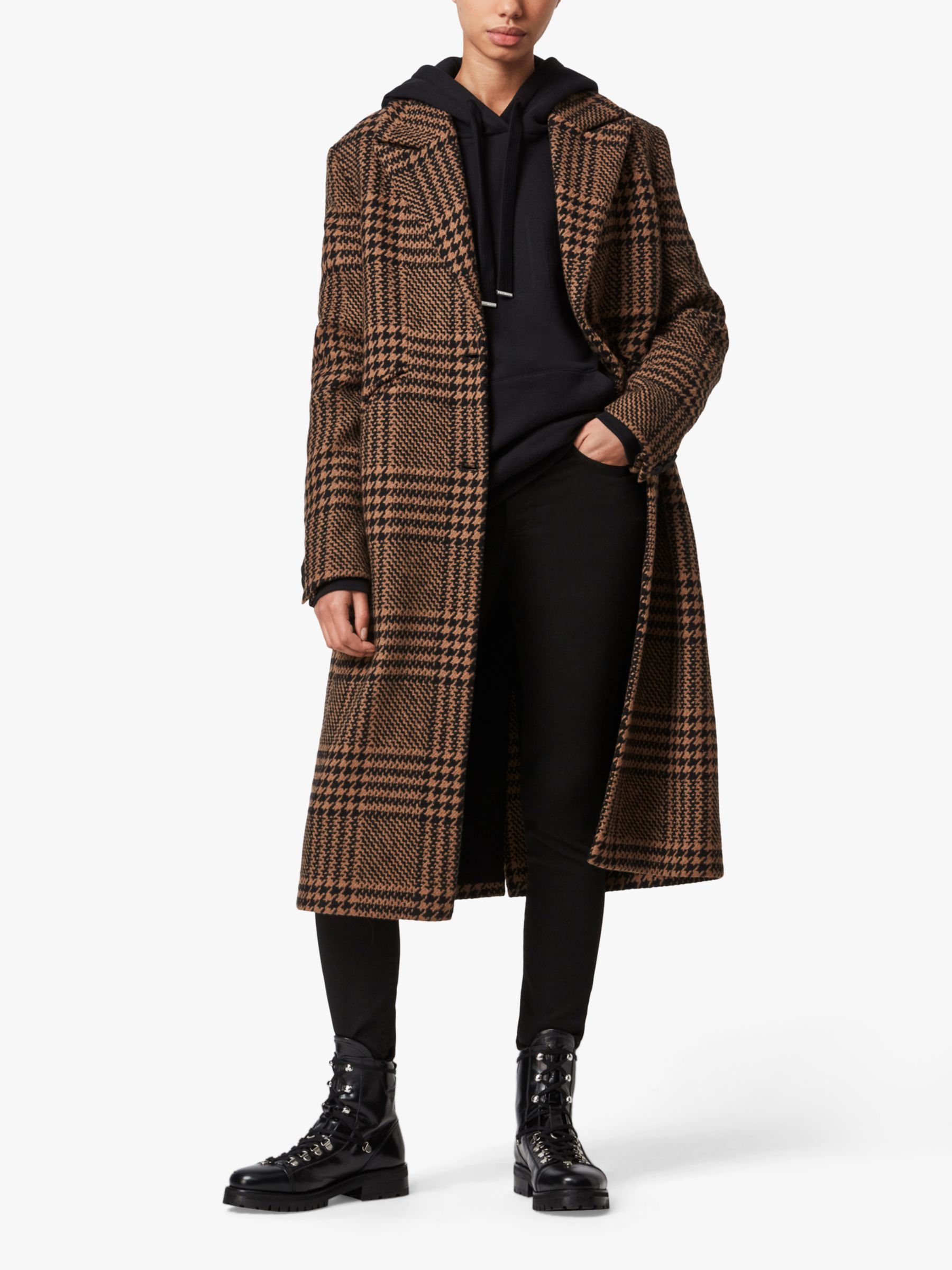 AllSaints Jette Wool Blend Check Coat, Brown/Black