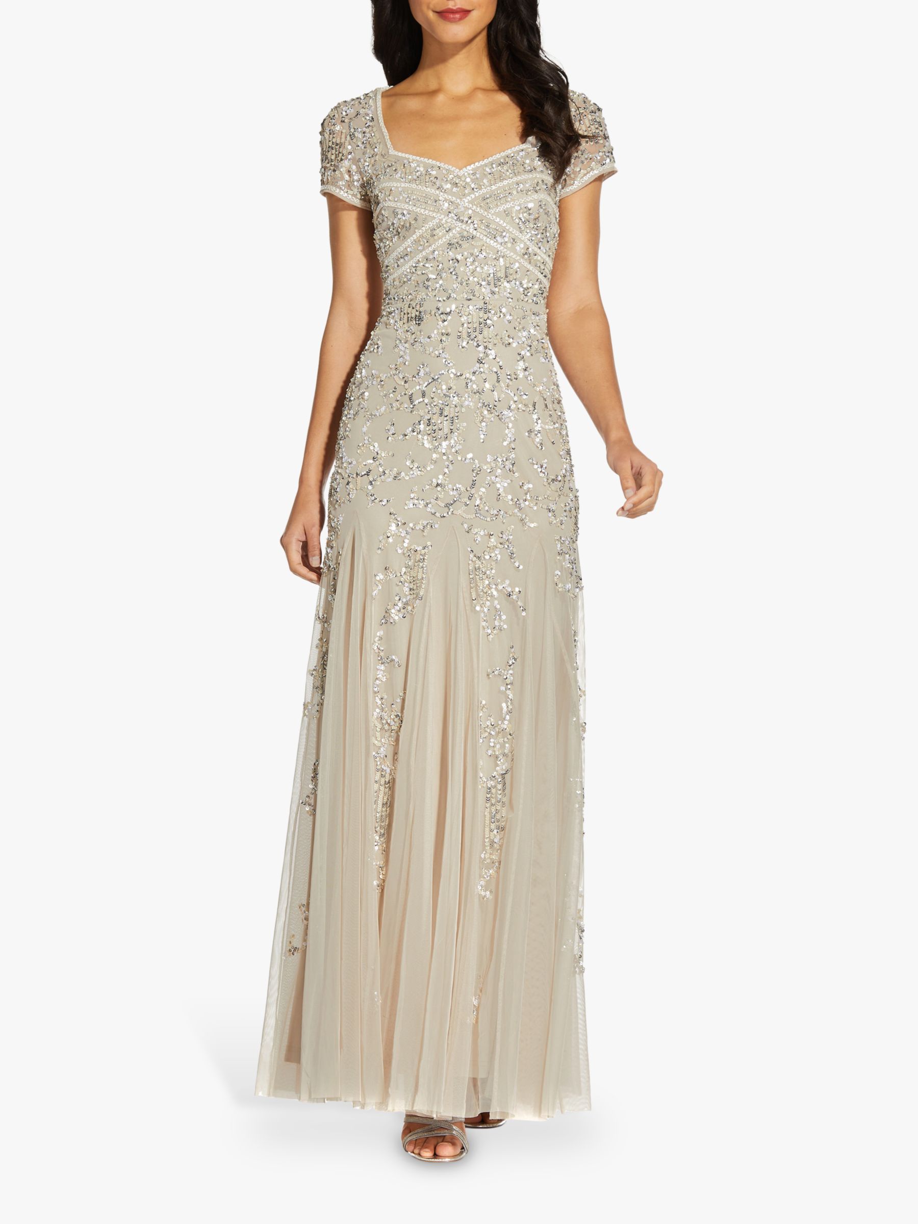 Adrianna Papell Godet Beaded Maxi Gown, Biscotti at John Lewis & Partners